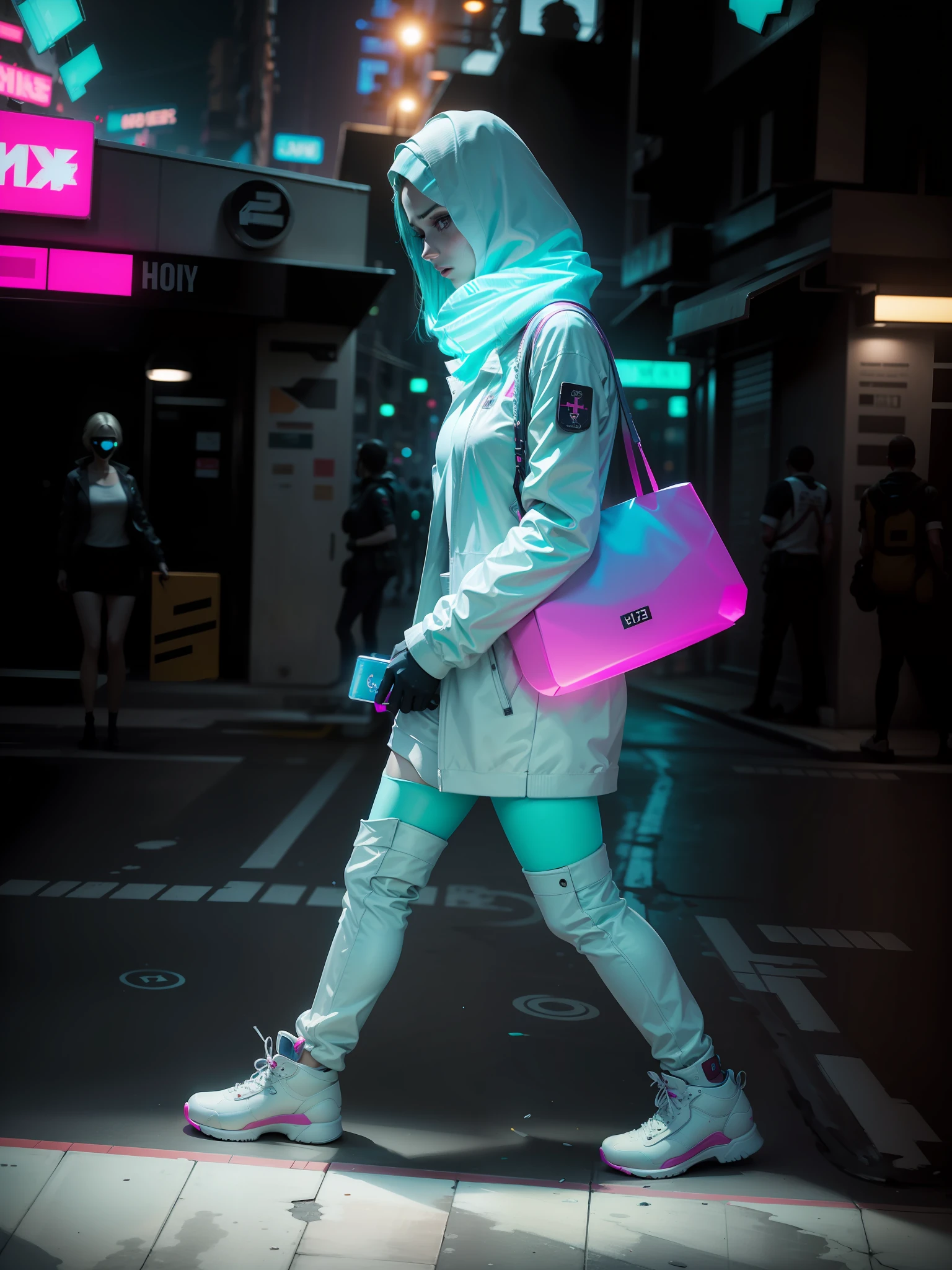 ((futuristic)), ((masterpiece)) and ultra realistic photography of a woman walking across a crosswalk, a woman walking, wearing white suit, wearing futuristic white suit, white suit, wearing off - white style, street photography style, shot on leica sl2, neon colors, pastel colors, indigo, turquoise, (fuchsia:1.3), techwear, cyberpunk, gloomy, (cross led patterns: 1.3), (led lighting: 1.2), hologram, plastic, (totally white: 1.1), motion blur, depth of field, cinematic lighting, ray tracing, speed lines, ccurate, high details, high quality, best quality, 16k