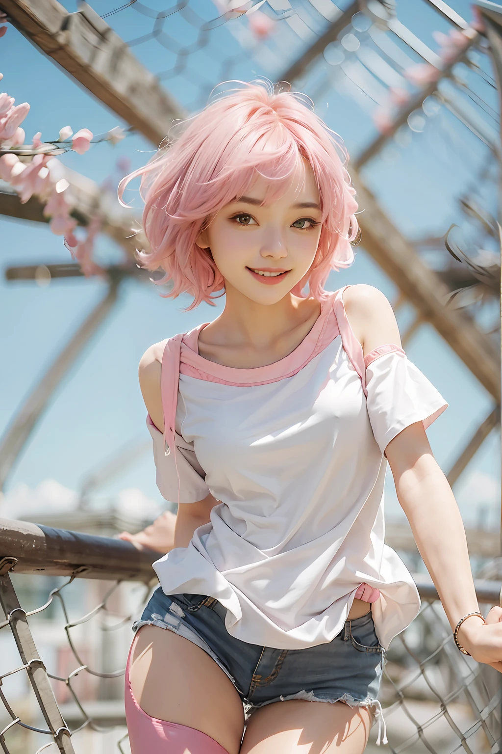 (masterpiece), (best quality), 1girl, beautiful girl, perfect body, white shirt, pink hair, short hair, smile, short shorts, silk stocking, sneakers, sunny, windy, outdoor