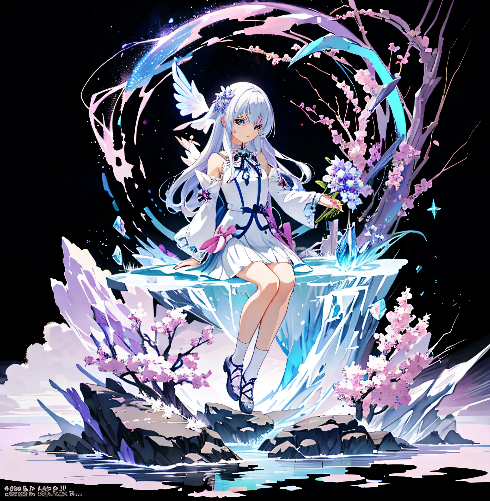 Anime girl sitting on rock，Holding a purple flower in his hand, Digital art on Pixiv, Crystalline!!, anime abstract art, Ayaka Genshin impact, crystalline skin, High Quality Anime Art Style, made of crystalized synapse, ethereal anime, [ conceptual art ]!!, Beautiful anime artwork, trending on artstation pixiv, arcane art style