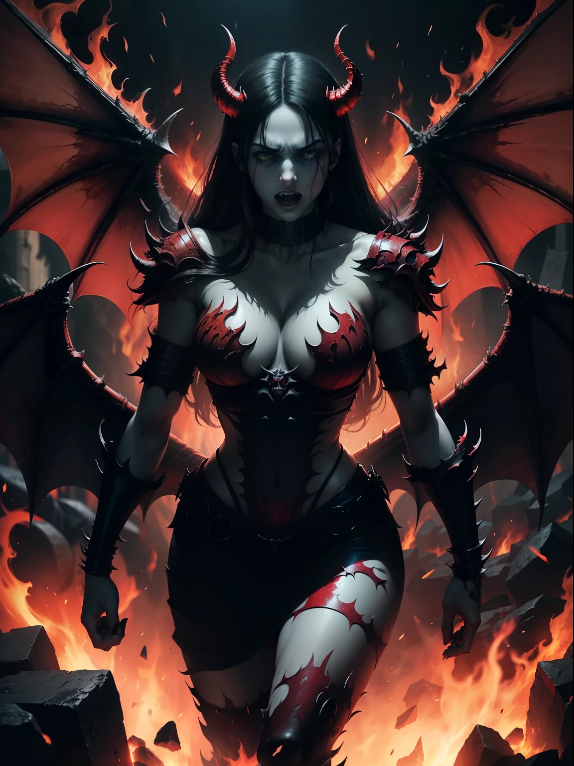 Hellbringers,dark horror,Distorted patterns,Thrilling atmosphere,(Burn the fire of purgatory:1.2),Evil eyes,Sharp claws,(Pitch black shadows:1.1),Death threats,Endless Demon,(Red Hellfire scene:1.2)