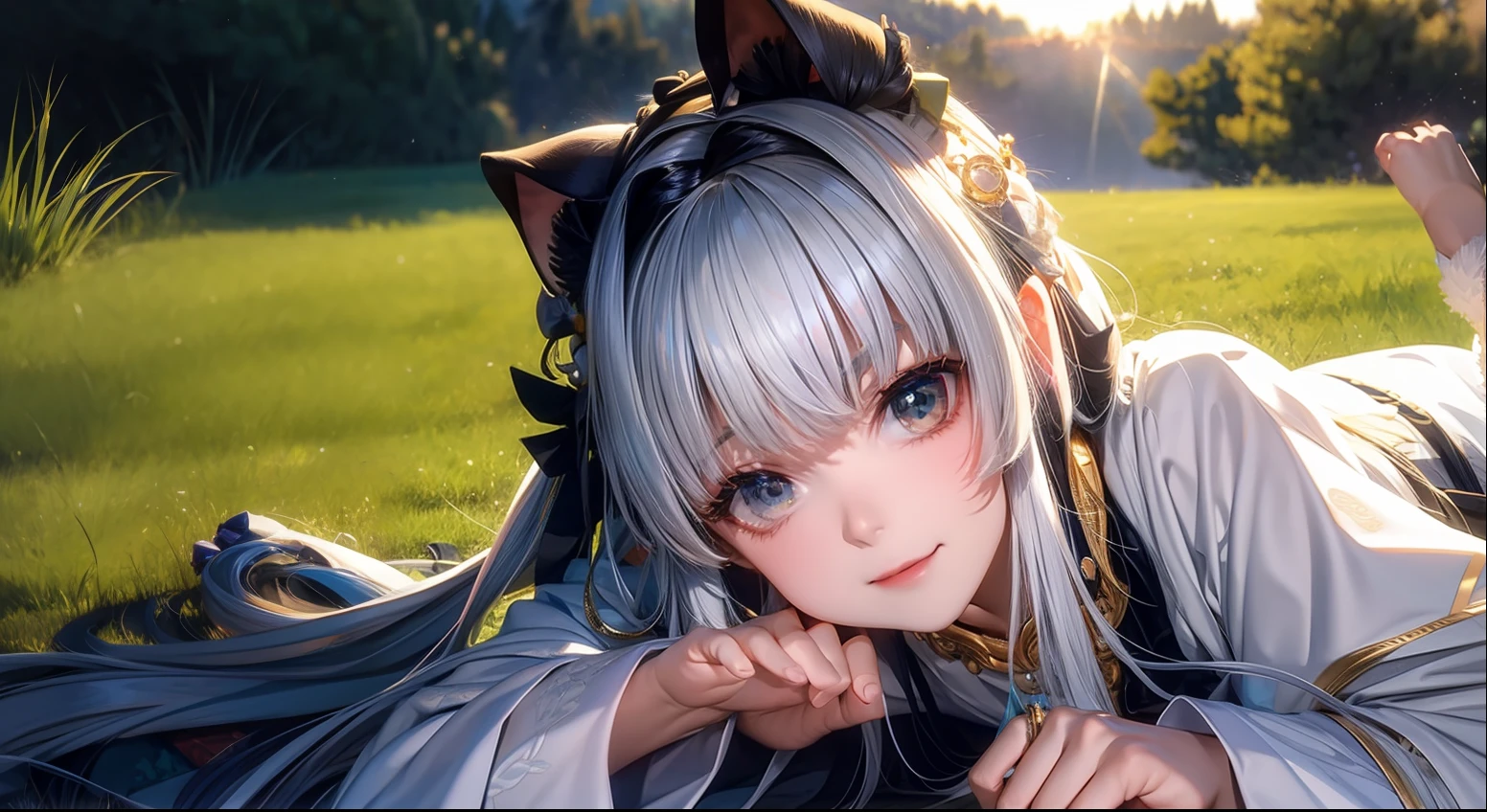 Kizi,exteriors,silber hair,Green grasslands,cinematric light,chase,the setting sun,rays of moonlight,Flashlight