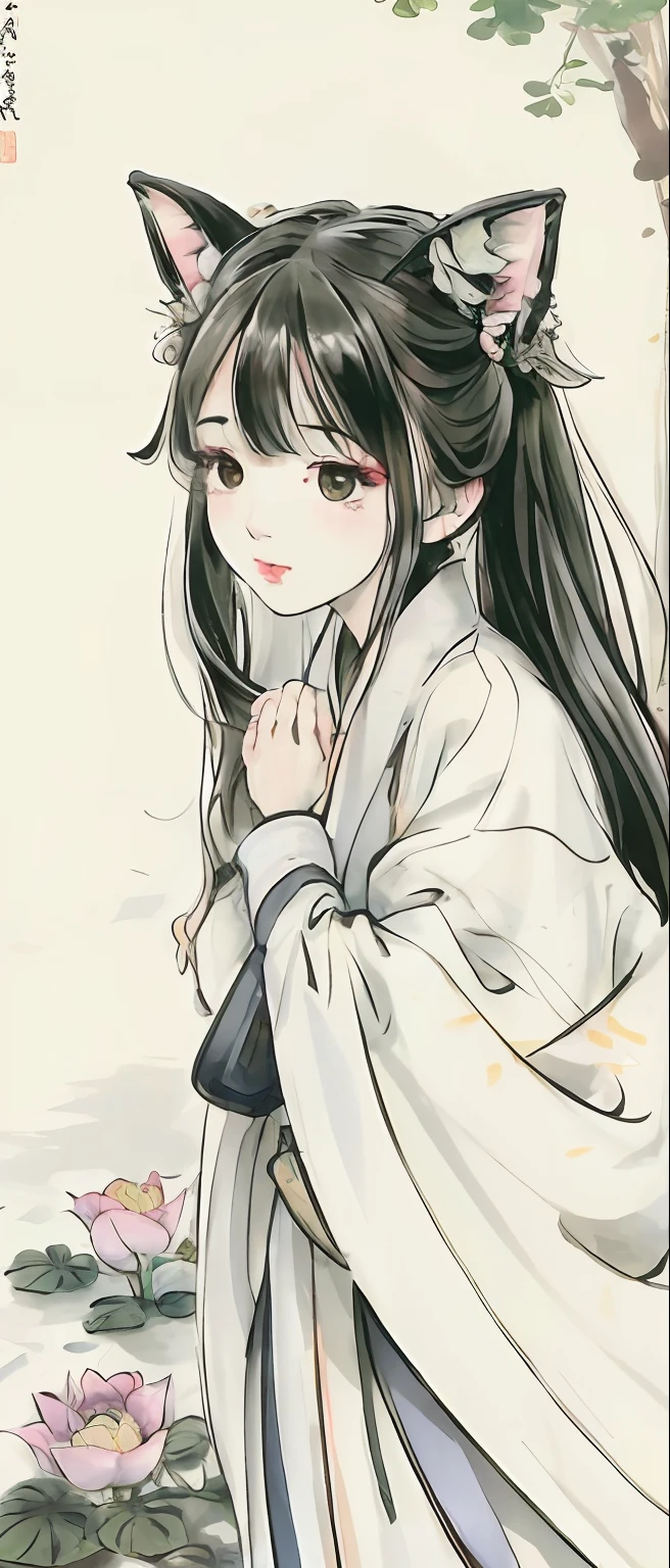 ((4K,Masterpiece,Best quality)), shuimobysim, Traditional Chinese painting, lotuses, Hanfu, maxikit, Dress conservative 1 girl, 独奏, White hair, fox ear, white colors, The fish, lots of fish near the boy, looking at the viewer only,