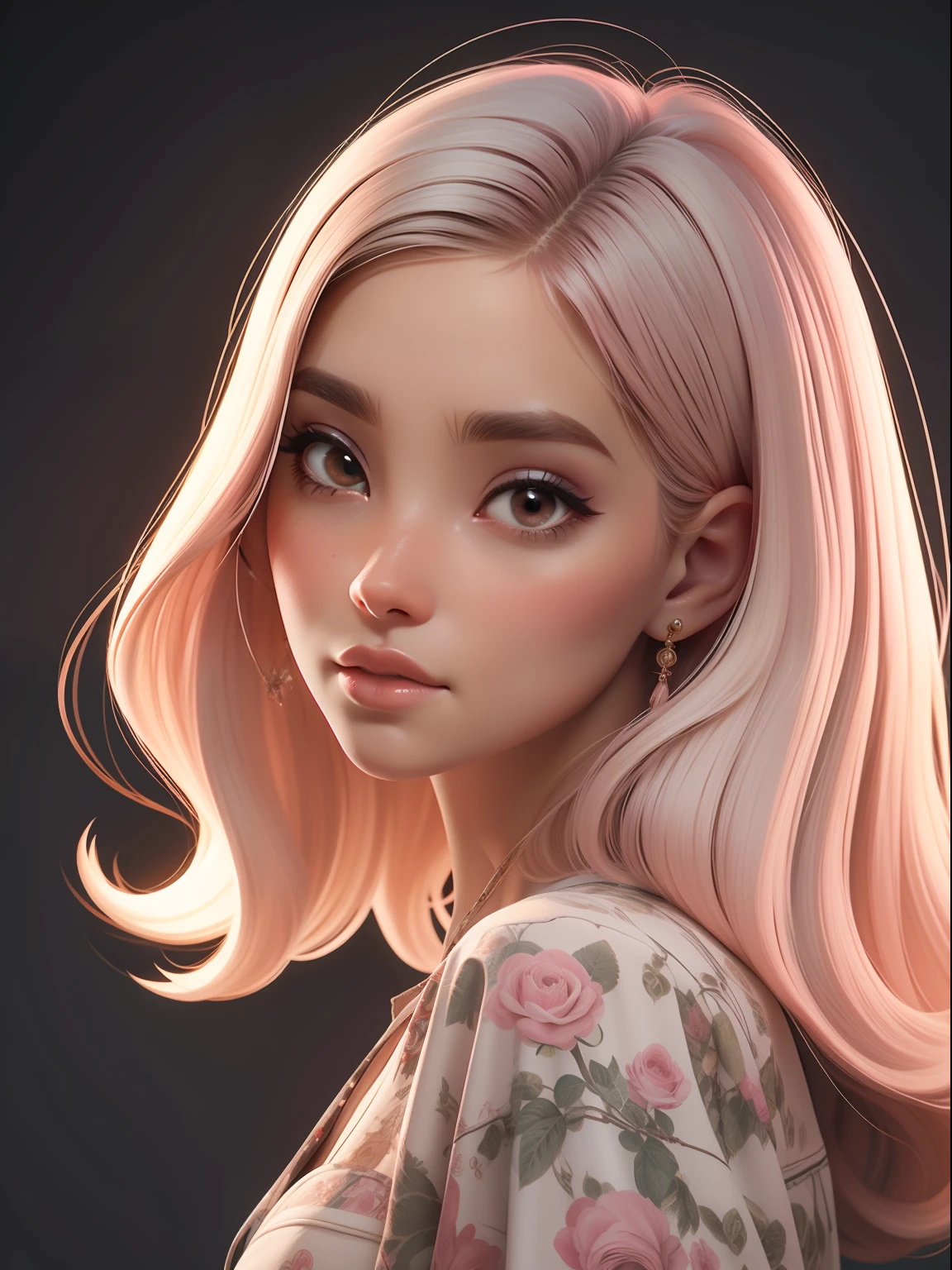 dynamic lighting, ((Um estudo em rosa)), Uma princesa Barbie, fundo cor-de-rosa, rosto delicado, pele branca(Pescador:1.3), (pale skin:1.1), (sorriso suave:1.1), rosto detalhado, textura detalhada da pele, raio de sol, Por Ilya Kuvshinov, Nina Masic, natural lighting, Subsurface scattering, ornado, cabelo rosa, cowboy shot, atmosphric perspective, retina, pele texturizada, anatomicamente correto, best quality, Concedido