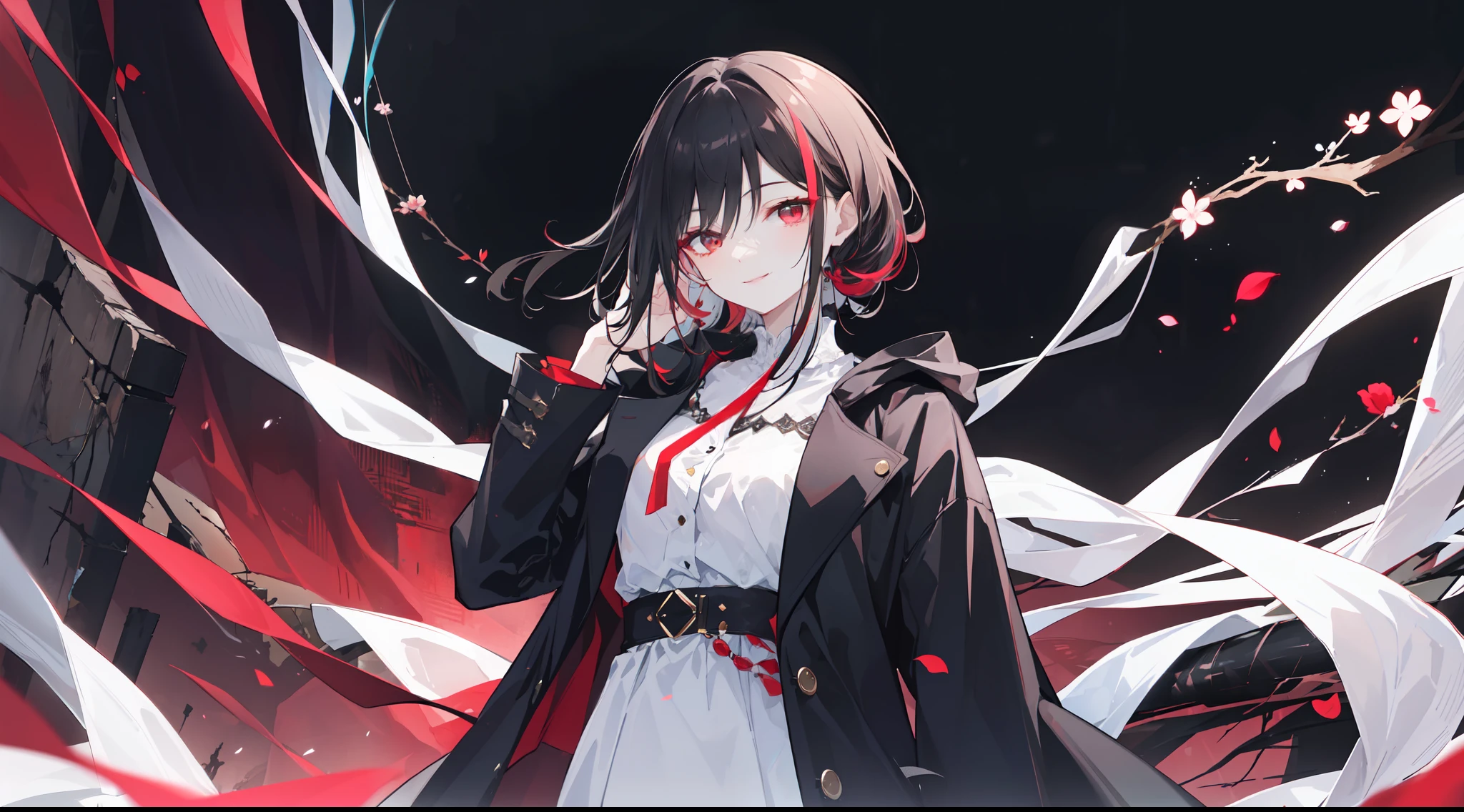 "4k, deep dark ruin without light, there's a elegant mature woman, with black tied hair, closes red eyes, wears elegant black casual dress and coat, she look cool, she have red flower on her side hair, smile warmly"