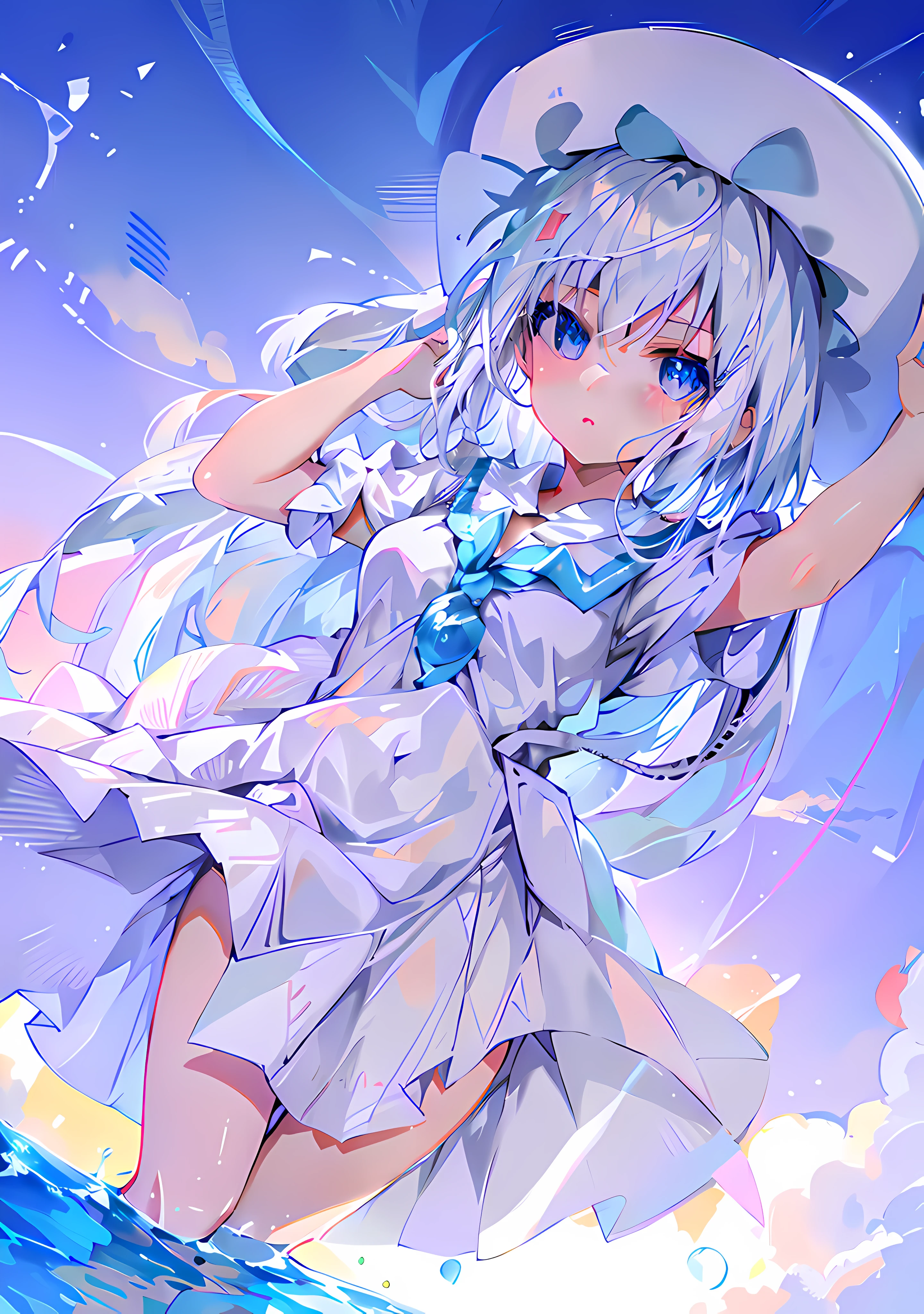 Anime girl flying over the ocean in white dress and hat, Splash art anime Loli, loli in dress, anime visual of a cute girl, White dress!! of silver hair, an anime portrait of cirno, cute anime waifu in a nice dress, style of anime4 K, from touhou, white-haired god, cirno, cirno touhou