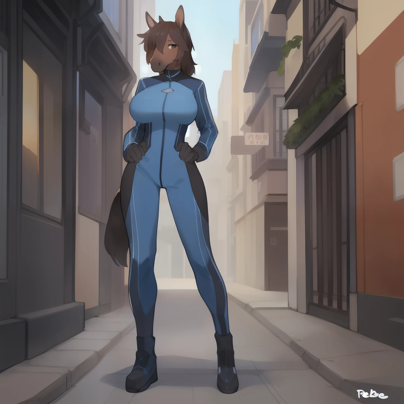 Solo, female, standing, by bebebebebe, horse, ((hair)), (((black fur))), dark mahogany hair, short, slim, big breasts, small waist, street, blue military spacesuit