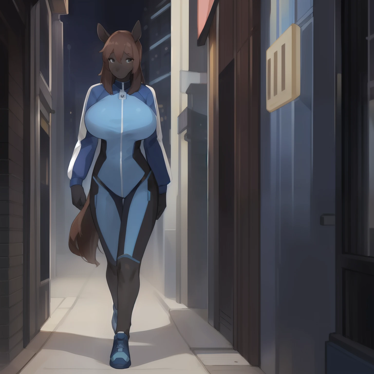 Solo, female, standing, by bebebebebe, horse, ((hair)), (((black fur))), dark mahogany hair, short, slim, big breasts, small waist, street, blue military spacesuit