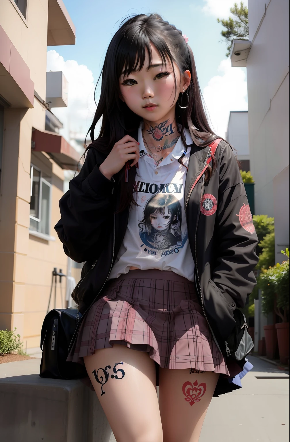 Cute high school girl with tattoos all over her body。
