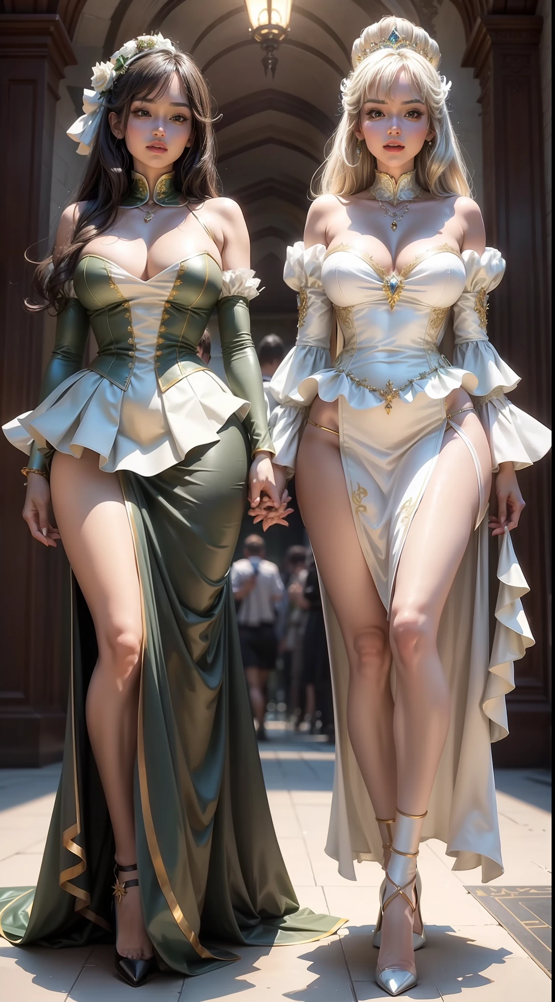 (Full body shot ：2), （Full Focus：1.3），Must show your face, anatomy correct, The character is a princess，Green and white color scheme，Gold ornaments，Satin clothing，High-heeled leather shoes, long leges,, Heavy makeup, A shallow laugh, Must have latex stockings, hyper HD, Ray traching, structurally correct, Award-Awarded, High detail, Chiaroscuro, Cinematic lighting, Masterpiece, Super detail, High quality, High details, Best quality, 16