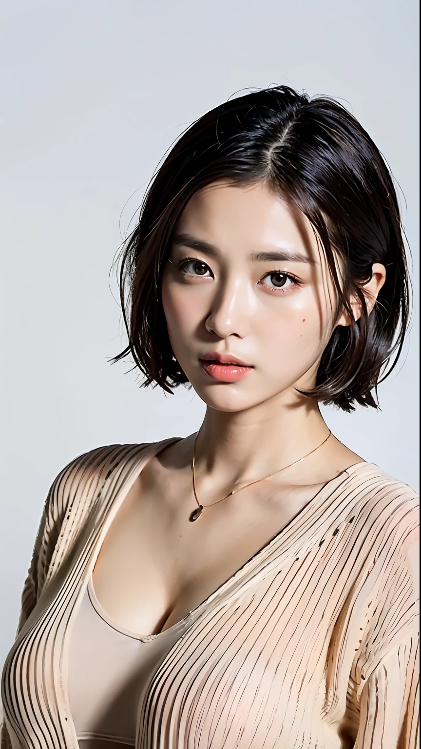 (top-quality、8k、32k、​masterpiece、UHD:1.2)、Photo of a cute Japanese woman、large full breasts、very short bobbed hair、The upper part of the body、(oversized_sweater、:1.1)a necklace、simple background、Look around、large full breasts