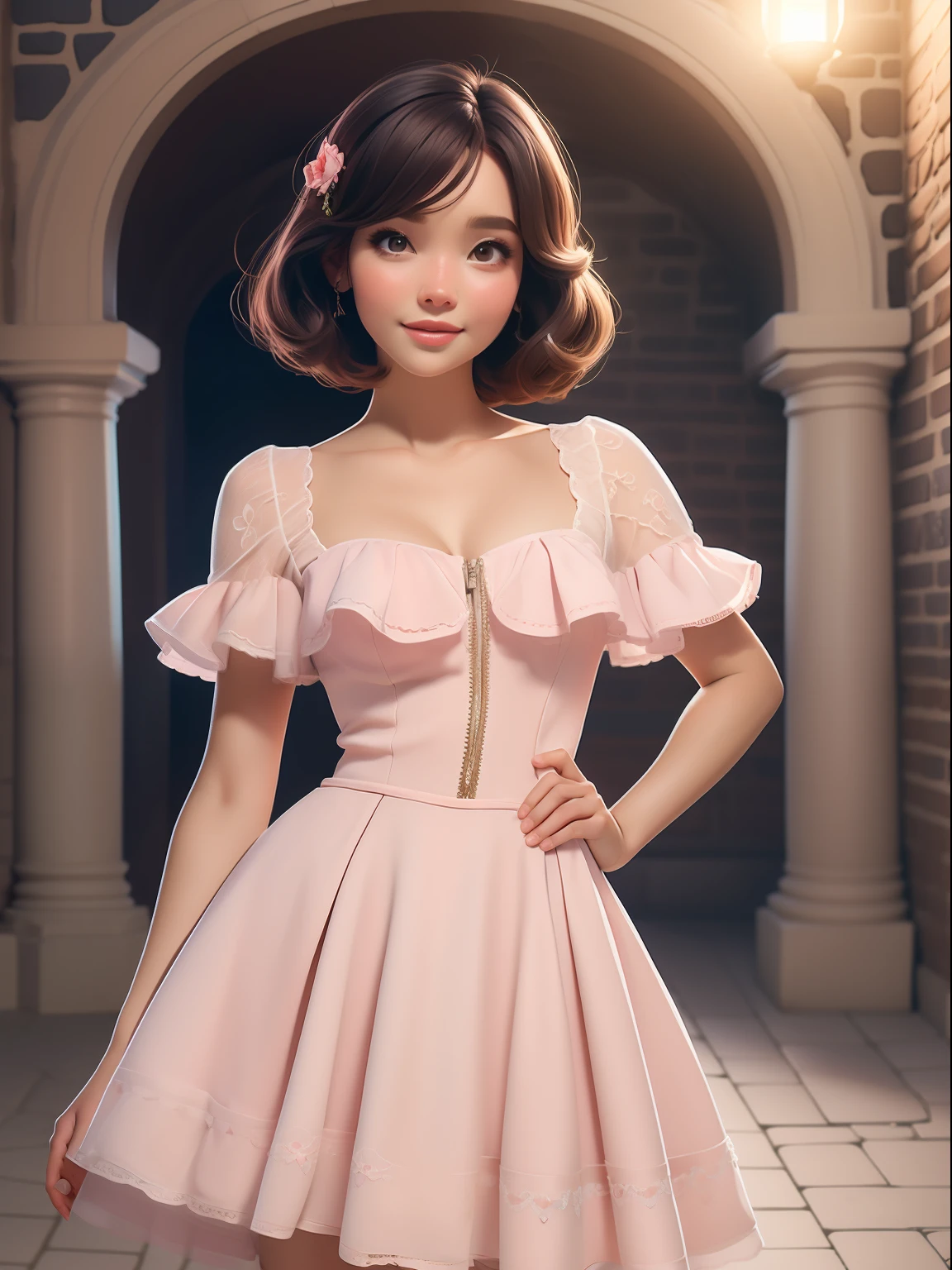 dynamic lighting, Uma princesa Barbie usando um lindo vestido rosa, usando uma bela coroa, No castelo de fadas cor-de-rosa, cabelo rosa, (fofo:1.3), (pale skin:1.1), (sorriso suave:1.1), Rosto detalhado, Textura detalhada da pele, raio de sol, Por Ilya Kuvshinov, Nina Masic, natural lighting, Subsurface scattering, ornado, ((cowboy shot)), atmosphric perspective, retina, pele texturizada, anatomicamente correto, best quality, Premiado