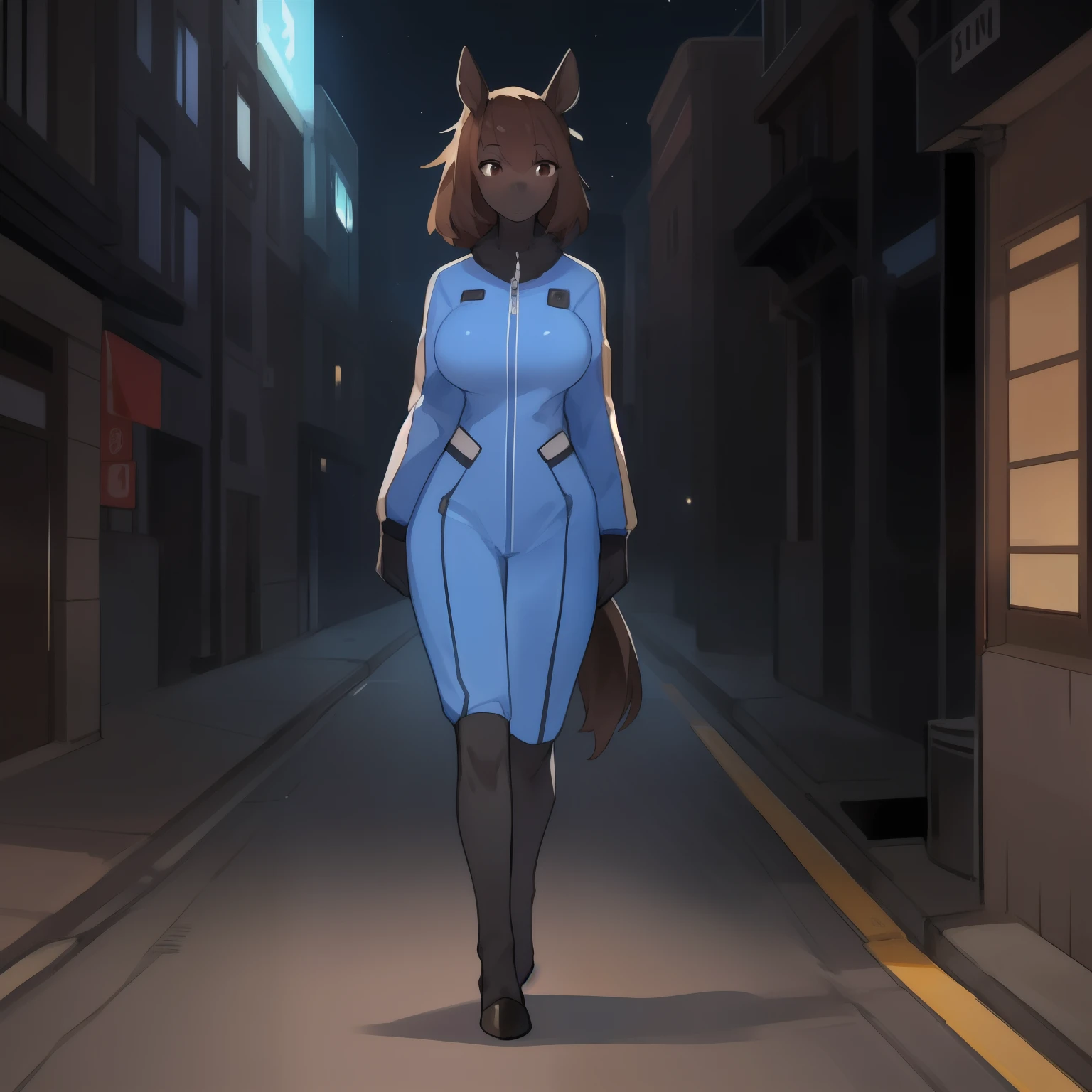 Solo, female, standing, by bebebebebe, horse, ((hair)), (((black fur))), dark mahogany hair, short, slim, big breasts, small waist, street, baby blue military spacesuit