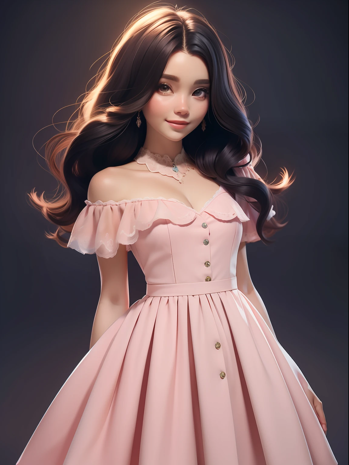 dynamic lighting, Uma princesa Barbie usando um lindo vestido rosa, usando uma bela coroa, No castelo de fadas cor-de-rosa, cabelo rosa, (fofo:1.3), (pale skin:1.1), (sorriso suave:1.1), Rosto detalhado, Textura detalhada da pele, raio de sol, Por Ilya Kuvshinov, Nina Masic, natural lighting, Subsurface scattering, ornado, ((cowboy shot)), atmosphric perspective, retina, pele texturizada, anatomicamente correto, best quality, Premiado