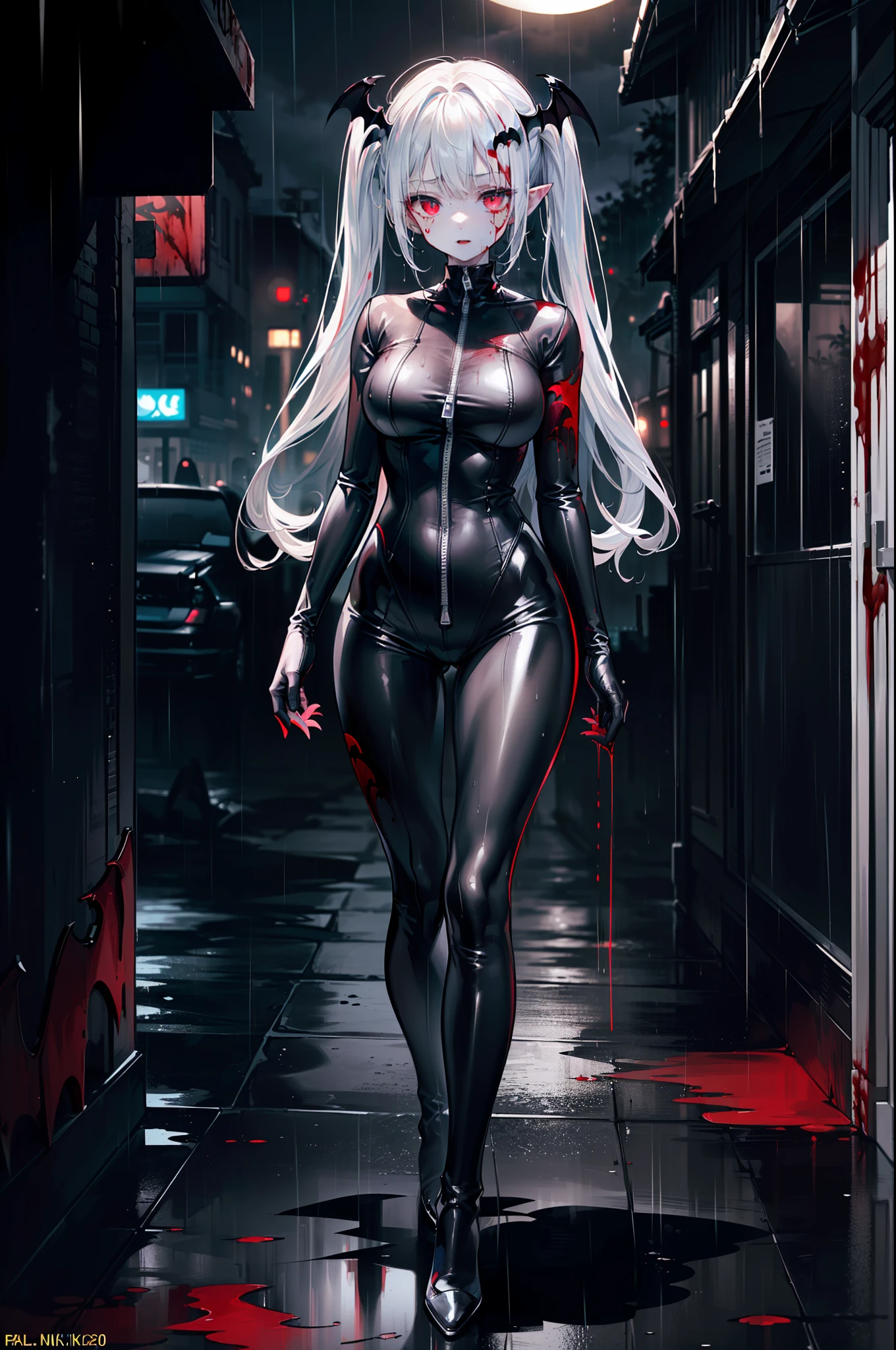 ((masterpiece, best quality, extremely detailed CG, unity 8k wallpaper,anatomically correct,ultra resolution)),Award-winning photography,(best illumination,Very Delicate and Beautiful),(one girl,solo,young girl:1.5),(Vampire:1.45),silver hair,(twintails:1.2),glowing red eyes,(pale skin:1.45),(extremely beautiful and detailed face:1.2), (extremely beautiful and detailed eyes:1.2),perfect hands,delicate legs,((bat hair ornament)),(graceful,fashion),pointy ears,((nano catsuit with zipper:1.4,black high heels,black leather gloves)),looking at viewer,(cute:1.5),((night, dark atmosphere, dark theme, darkness:1.5)),dramatic shadows,(dimly lit:1.5),blood on face,blood on floor, blood on walls,(blood mist,blood splash:1.4),depth of field,(Bustling city:1.2,in the rain:1.3),cloudy sky,raining,skyline,(perfect human body structure with maximum precision)