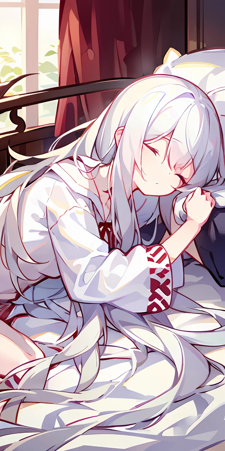long  white hair，red pupils，white pajama，The barefoot，Lie down in bed，Close your eyes，Disheveled clothes，Pillow on pillow，While sleeping，lie on one's side