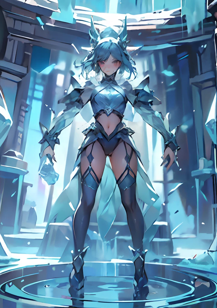 Character styling，Three-view front，Blue transparent suspender stockings，Dark blue water armor，Features of armored upstream aquarists，Green and blue are the accent colors of the model，On the head is the dragon horn，The chest is medium and firm，A blue transparent ribbon hangs from the hand，There are some straps on the body，Exquisite facial features，Picture-perfect face，tmasterpiece，8K resolution，Serious, Ear blush, hyper HD, ccurate, Anatomically correct, Textured skin, Best quality, A high resolution, 8K，18-year-old girl，Kizi，Little Dragon Girl，It's all armor，Blue transparent suspender stockings