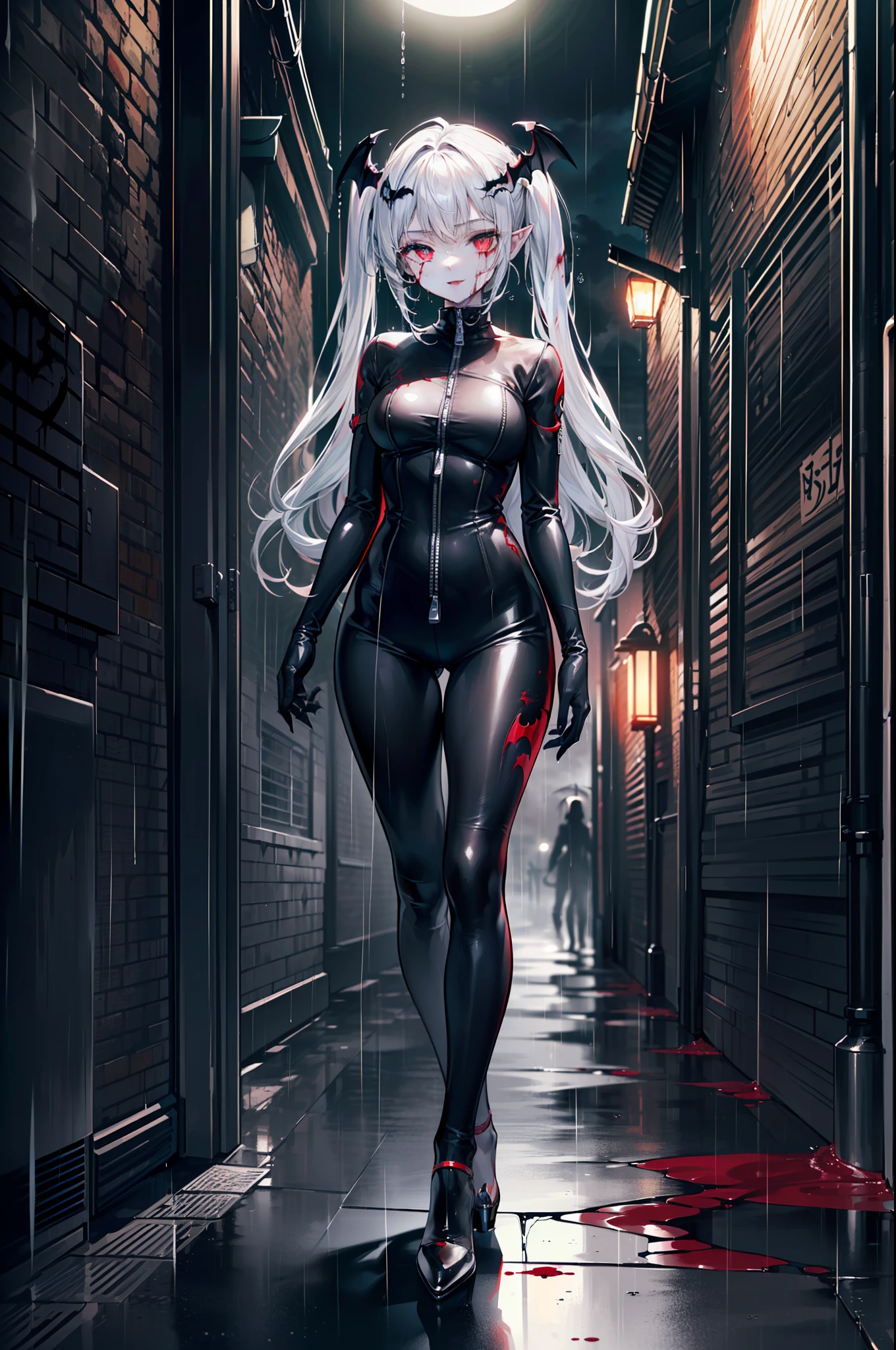 ((masterpiece, best quality, extremely detailed CG, unity 8k wallpaper,anatomically correct,ultra resolution)),Award-winning photography,(best illumination,Very Delicate and Beautiful),(one girl,solo,young girl:1.5),(Vampire:1.45),silver hair,(twintails:1.2),glowing red eyes,(pale skin:1.45),(extremely beautiful and detailed face:1.2), (extremely beautiful and detailed eyes:1.2),perfect hands,delicate legs,((bat hair ornament)),(graceful,fashion),pointy ears,((full body catsuit with zipper:1.4,black high heels,black leather gloves)),looking at viewer,hand to own mouth,head tilt,morbid smile,dark persona,evil,(cute:1.5),((night, dark atmosphere, dark theme, darkness:1.5)),dramatic shadows,(dimly lit:1.5),blood on face,blood on floor, blood on walls,(blood mist,blood splash:1.4),depth of field,(Bustling city:1.2,in the rain:1.3),cloudy sky,raining,skyline,(perfect human body structure with maximum precision)
