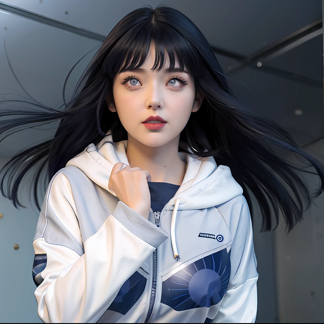 a close up of a person with long hair and a hoodie, hinata hyuga, hinata hyuga from naruto, from naruto, as an anime character, perfect anime face, she has dark blue hair with bangs, female anime character, anime character, anime best girl, hime cut hairstyle, dark blue hair, (red glossy lips:1.3), light purple eyes, big breasts, realistic, ultra detail, indoorbackground