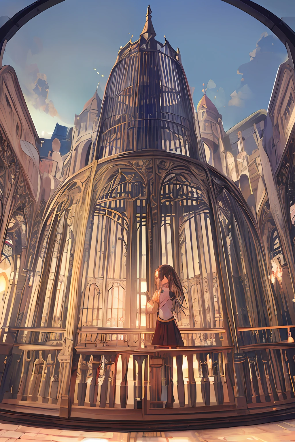 A huge birdcage,A maiden in a short gothic skirt,solo person,Faraway view。