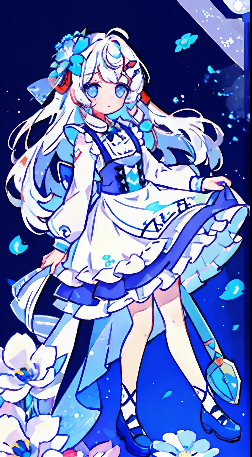 One Girl、white backgrounid、stele、florals、Pop flowers、white hair、blue eyess、Long、Apron Dresses、Fluffy skirt、Floral hair ornament、Standing Picture、to stand、cute little、masterpiece、Top image quality、top-quality