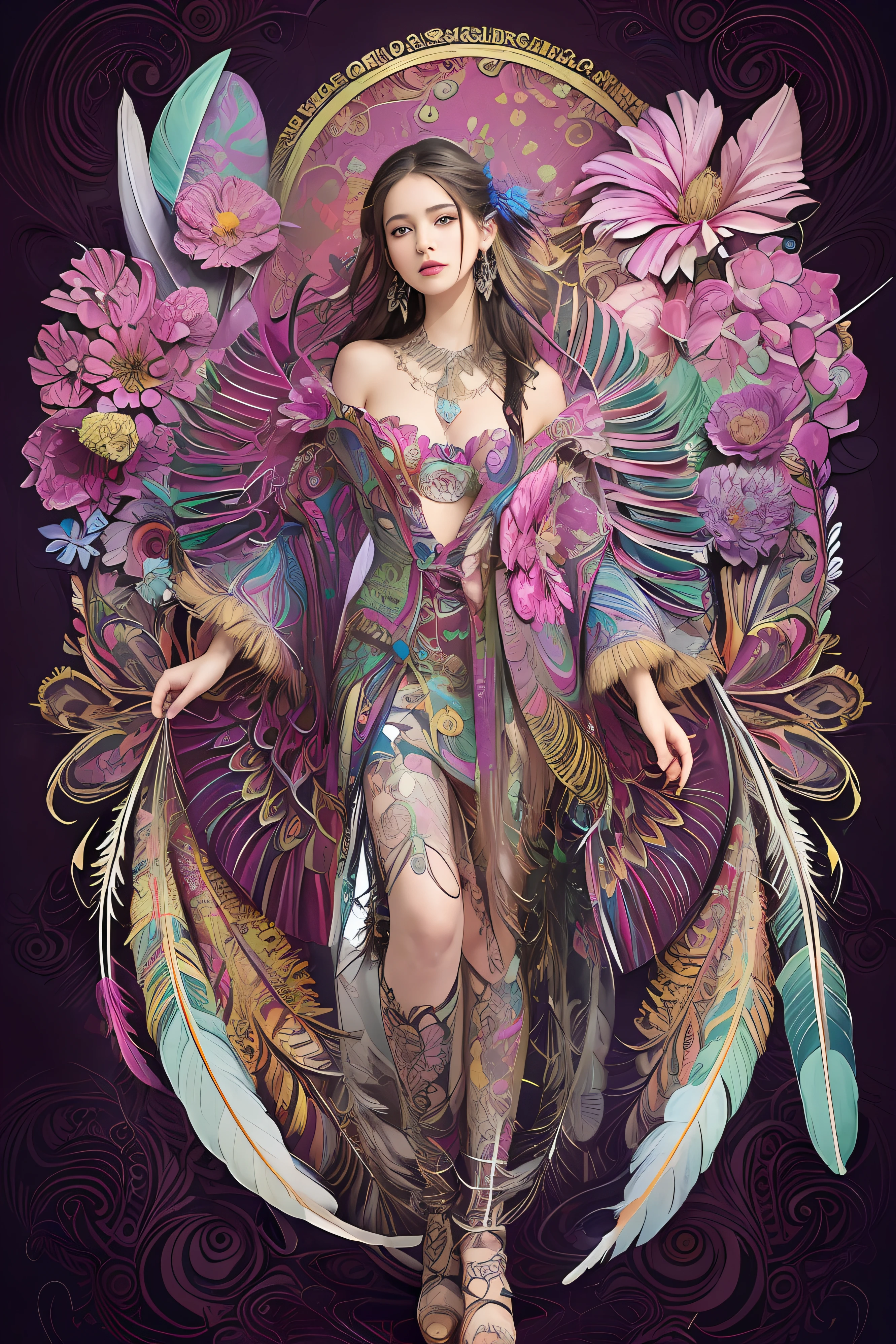 (masterpiece, top quality, best quality, official art, beautiful and aesthetic:1.2), (1girl:1.3), extremely detailed,(fractal art:1.1),(colorful:1.1)(flowers:1.3),highest detailed,(zentangle:1.2), full body, (abstract background:1.3), (shiny skin), (many colors:1.4), ,(earrings), (feathers:1.5),