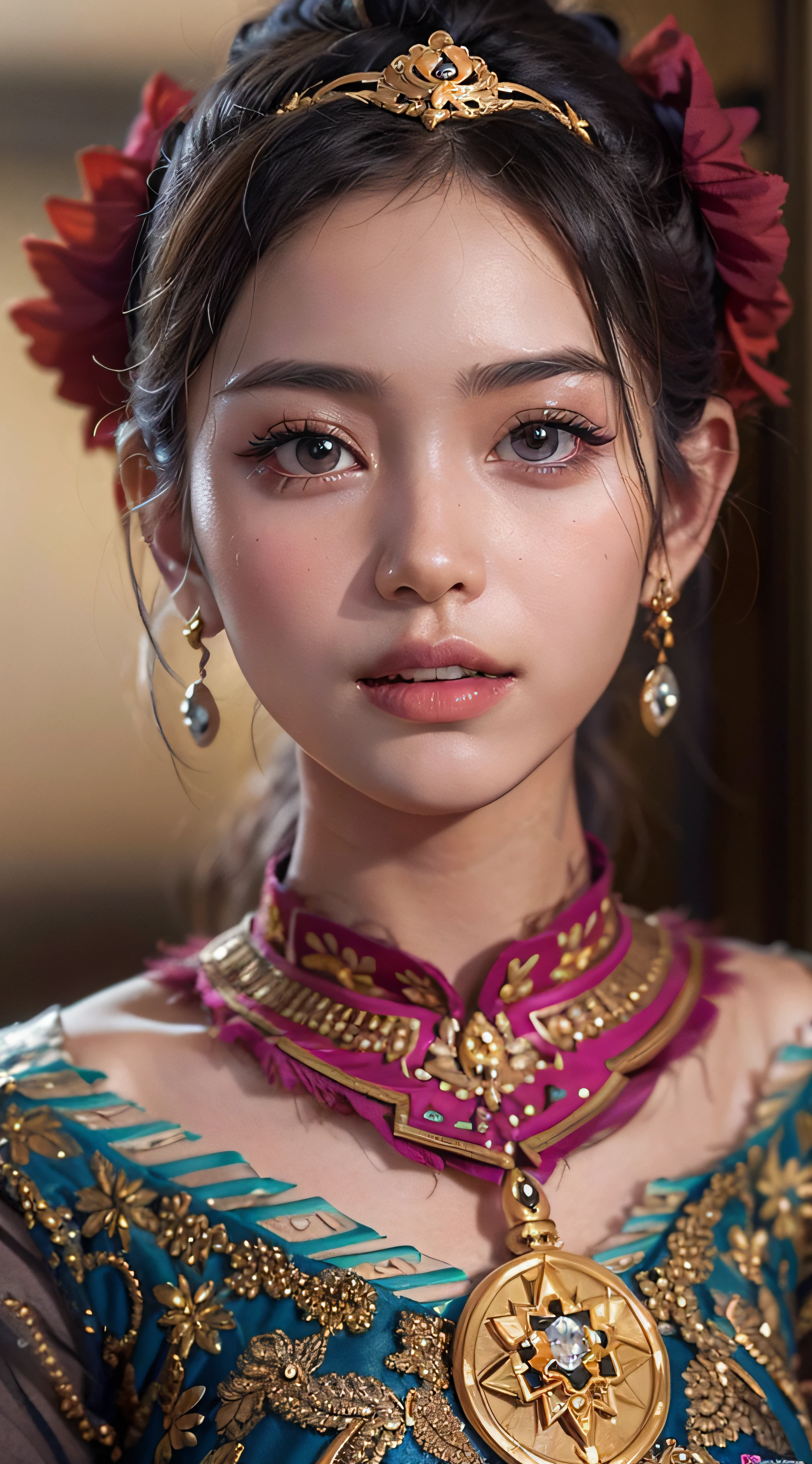 Realistic, authentic, Masterpiece, beautiful and amazing , Burmese traditional costume, beautiful 25 yo girl, detail face,((( hyper realistic skin texture))), hyper realistic eye detail skin , ultrarealistic photo shot, full body shot. Charming dress, beautiful  standing pose.