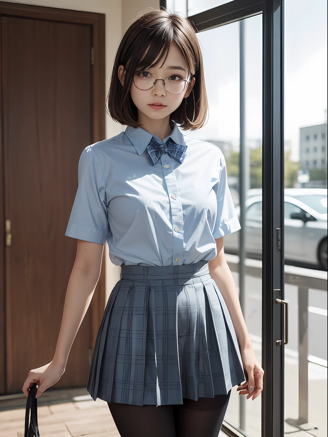 (8K、Raw photography、top-quality、masterpiece:1.2),2 Light blue bra seen through a white shirt,de pele branca,kne,(Black pantyhose),absurderes,a small face,small tits,flat breast,Parting the bangs from the middle、Forehead visible,(Tight eyes,glares,Bullish,skinny,Rasping,irate)、masterpiece,top-quality、超A high resolution,Raw photo,ren,Beautiful fece,One Person, 独奏,eye glass,,Dark look,Small breasts,fullllbody,Round glasses、cute little、JK school uniform,hi-school girl,A Japanese Lady,is standing,(Photorealsitic:1.37)、Photon mapping,Light blue ribbon,Realistic、Cute little face,Brown-eyed、Black socks、(Red bow tie)、Radio City、Physically Based Rendering、Foreground、depth of fields、Blurry background、a picture,The girls、Body,beauty legs, Long legs, Thin leg,Long bob cut,(Bangs are visible), hair, s lips, Blue_The eye, nosesoft,(Light blue shirt), (Navy and blue and white plaid pleated skirt), Knees are visible,Sheer clothing,, Thigh, Black cotton socks,Nogizaka Idol, 女優, Japanese ido