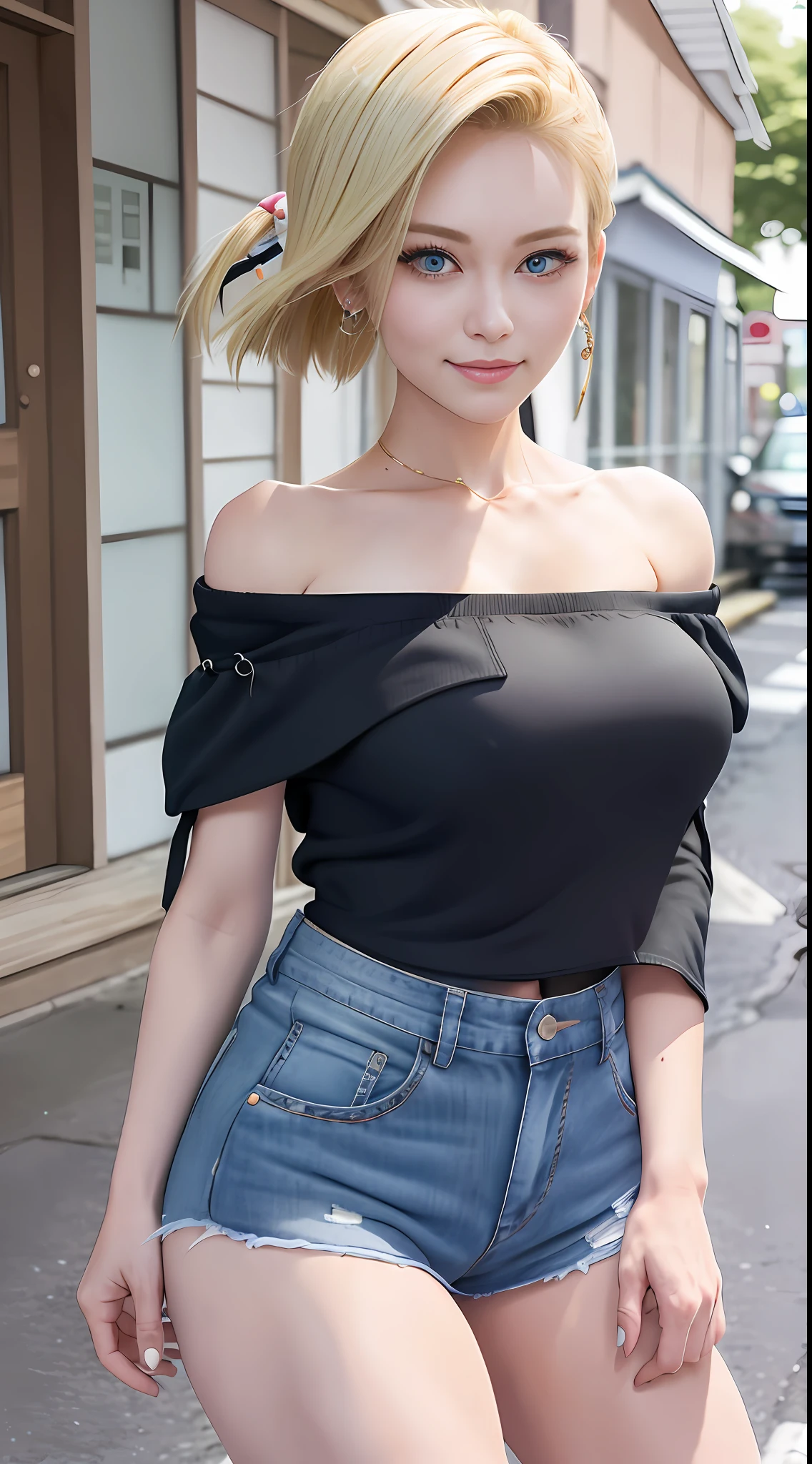 best qualtiy， A high resolution， and 18， 1girll， Android 18，(Off-the-shoulder attire:1.5)， 独奏， blond hairbl， eBlue eyes， short detailed hair， 耳Nipple Ring， jewely， Open vest，， Denim miniskirt， Striped long sleeves， blue skirts， mediuml breasts， cowboy lens， the street， （Expand the chest externally：1.2）， （No shoulder strap:1.5）， nabel，slender thigh，Full body like，Cute eyes, big eyes，ssmile（0.7）Realiy，ultra real photo，CG，Huge bust，Low-cut clothing，Fighting posture