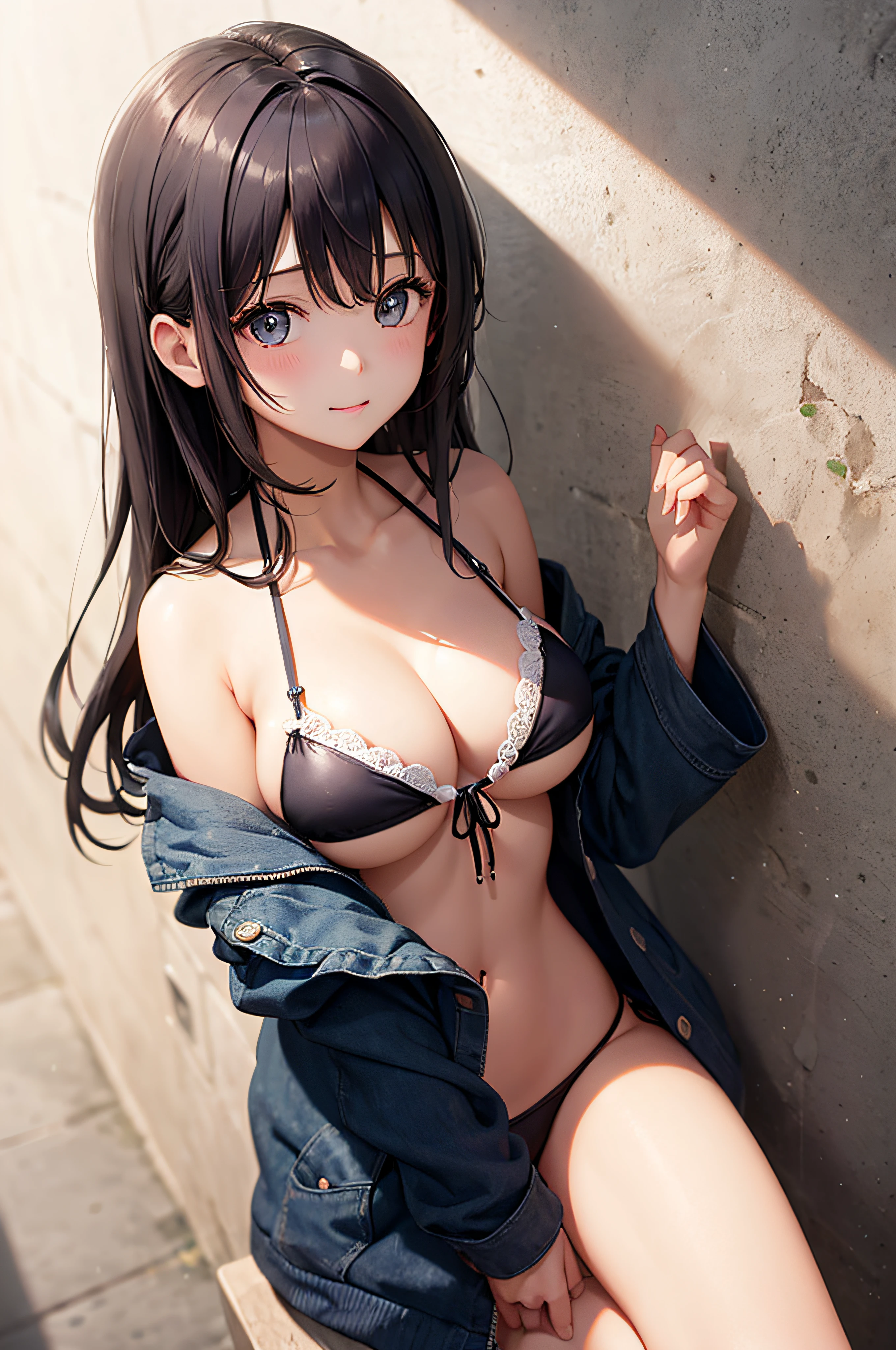 realisitic、女の子 1 人、Ai God Hair、Natural eyes、maikurobikini、beutiful breast、near the ocean、Particles of light、llight rays、wall-paper、