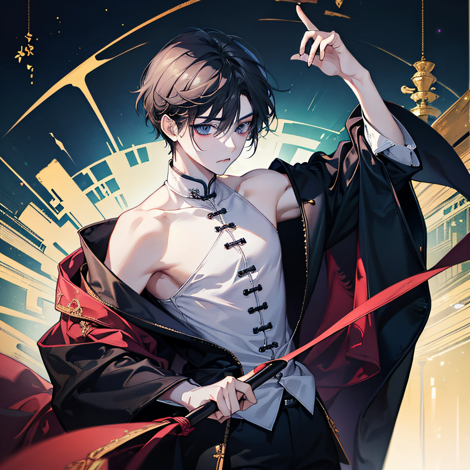 (in 8K、top-quality、masterpiece:1.2)、1 boy、Thin macho、beautidful eyes、good-looking、The upper part of the body