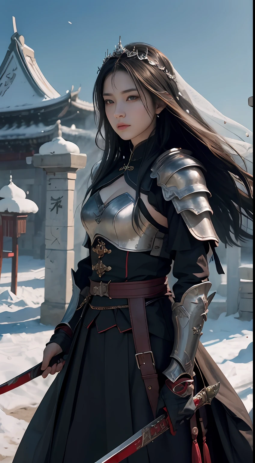 （Positive focus），（in the darkness nigth：1），（best qualtiy），（fidelity：1），filmposter，realistic skin textures，highly  detailed，8k wallpaper，Volumetriclighting，动态照明，one-girl，cabelos preto e longos，horse tailed，Black metal armor，red waistband，Black armor，Shoulder blades，Waist Guard，Hand Guard，Wear a veil，Hold the long sword in front of you，Ancient Chinese wind，Fighting posture，Lots of blood，face with blood stains，Broken clothes，Ancient Chinese Battlefield，A group of ancient soldiers chased and killed，Arrows fly，There is a lot of war，the night，Dramatic composition，Sword qi surrounding，The picture is rich in detail，karo，电影灯光，（jiayi：1.5）， closeup cleavage， tmasterpiece， best qualtiy， RAW photogr， realisticlying， the face， Incredibly Ridiculous res， depth of fields， A high resolution， ultra - detailed， finedetail， The is very detailed， extremely detailed eyes and face， Sharp pupils， realistic pupil， tack sharp focus， cinmatic lighting
