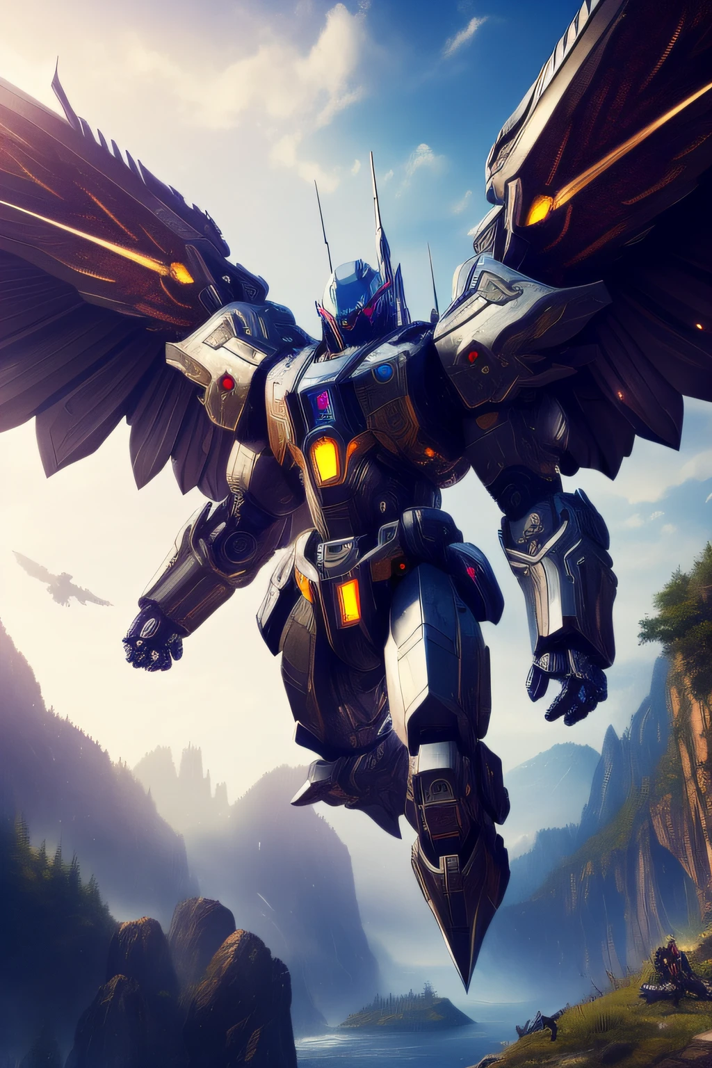 (masterpiece, top quality: 1.3), highly detailed, complex, 8k, HDR, wallpaper, movie lighting, shining, armor, shining eyes, mech, realistic, mech, big wings, holding the sky, flight, weapon,