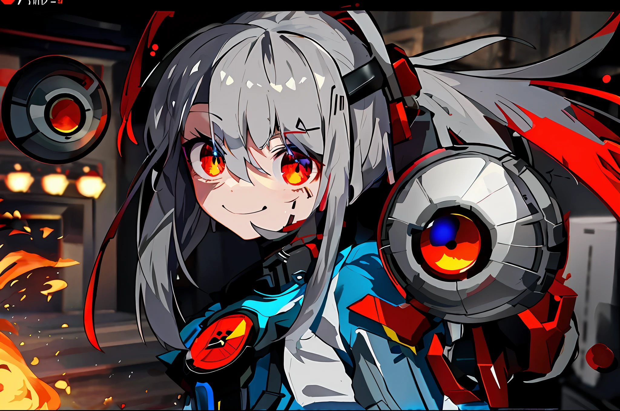 Anime girl with red eyes holding a gun in front of the fire, style of anime4 K, Anime manga robot!! Anime girl, anime mecha aesthetic, Best anime 4k konachan wallpaper, Cute cyborg girl, anime girl of the future, anime robotic mixed with organic, anime robots, with glowing red eyes,grey long hair,High ponytail