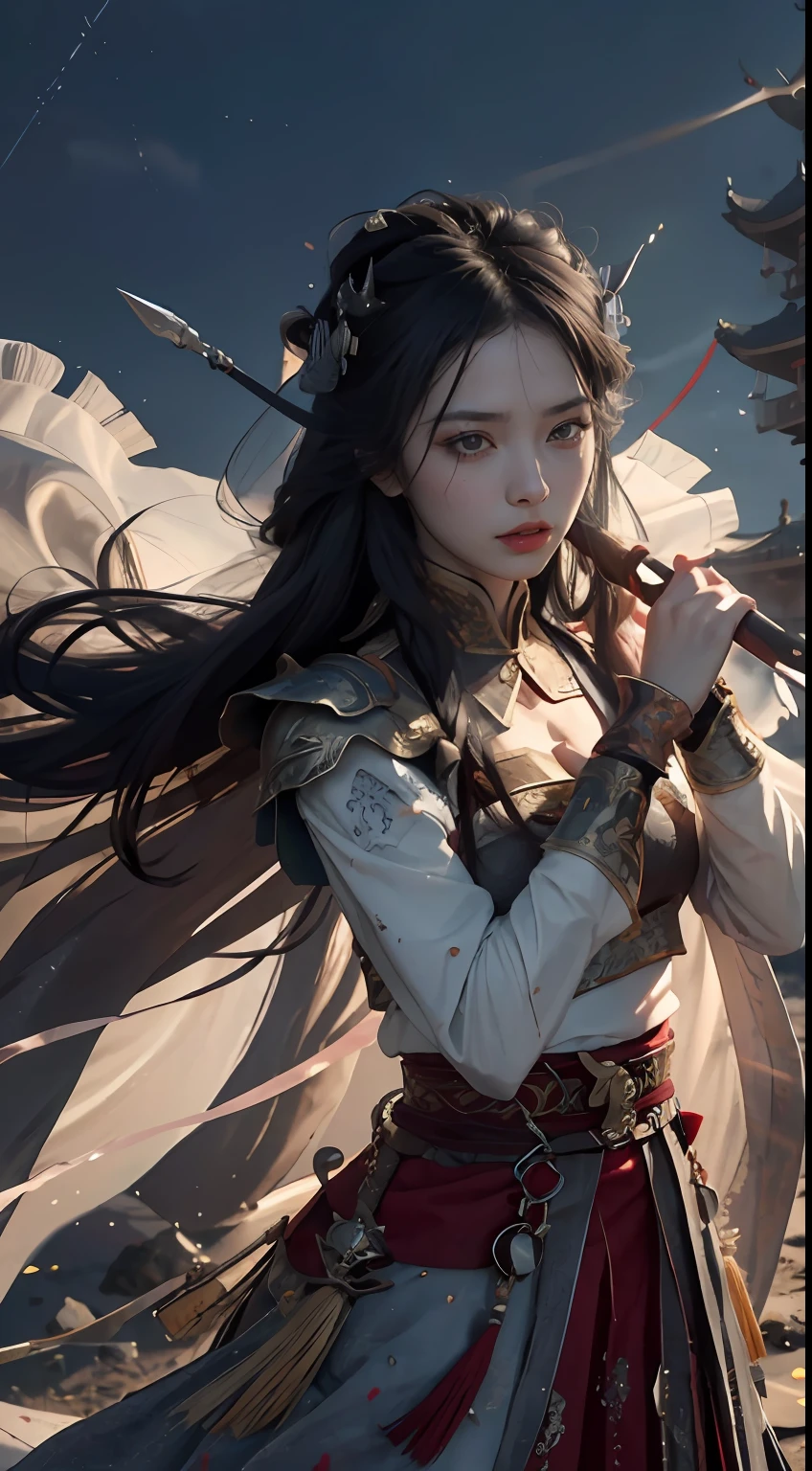 (Positive focus),(in the darkness nigth:1),(best qualtiy),filmposter,highly detailed,8k wallpaper,Volumetriclighting,动态照明,one-girl,cabelos preto e longos,horse tailed,Black metal armor,red waistband,Black armor,Shoulder blades,Waist Guard,Hand Guard,Wear a veil,Hold the long sword in front of you,Ancient Chinese wind,Fighting posture,Lots of blood,face with blood stains,Broken clothes,Ancient Chinese Battlefield,A group of ancient soldiers chased and killed,Arrows fly,There is a lot of war,the night,Dramatic composition,Sword qi surrounding,The picture is rich in detail,karo,电影灯光,(jiayi:1.5), closeup cleavage, tmasterpiece, best qualtiy, RAW photogr, realisticlying, the face, Incredibly Ridiculous res, depth of fields, A high resolution, ultra - detailed, finedetail, The is very detailed, extremely detailed eyes and face, Sharp pupils, realistic pupil, tack sharp focus, cinmatic lighting