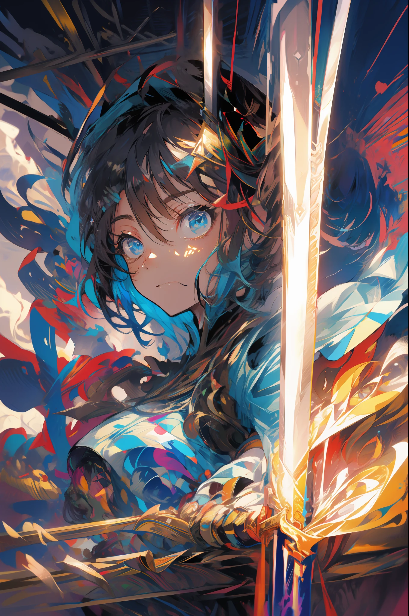 .There is a figure painting of a woman with hair,swordsmen,up-close,Armor ;swordsmen,Cyber