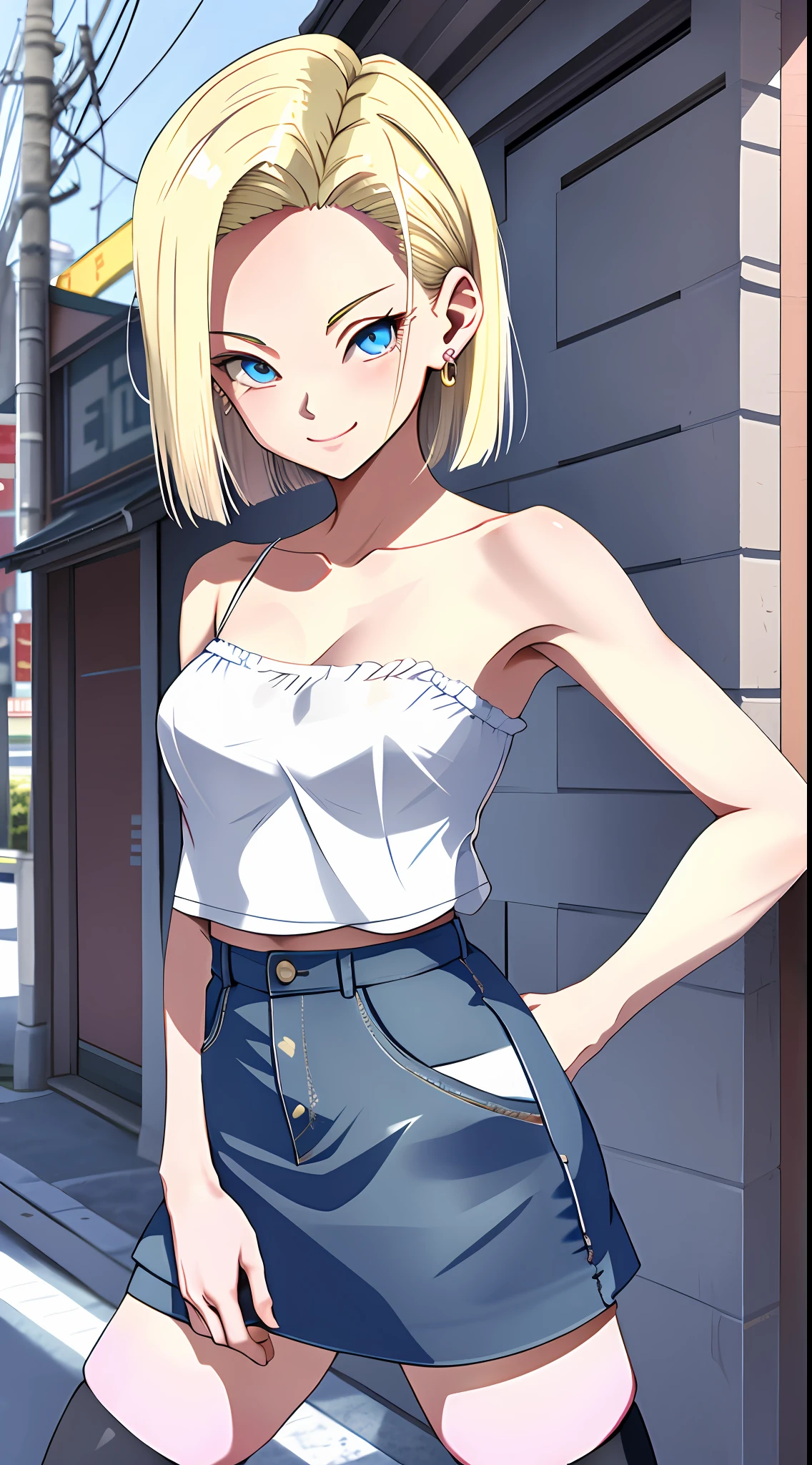best qualtiy， A high resolution， and 18， 1girll， Android 18， 独奏， blond hairbl， eBlue eyes， short detailed hair， 耳Nipple Ring， jewely，White bandeau，Denim miniskirt， mediuml breasts， street japan，ssmile，Expand the chest externally， （No shoulder strap:1.5）， nabel，whitethighhighs