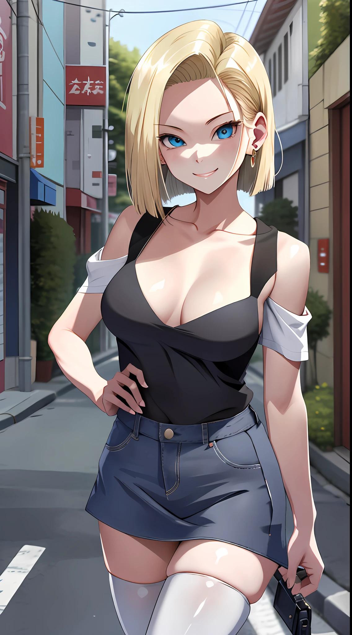 best qualtiy， A high resolution， and 18， 1girll， Android 18， 独奏， blond hairbl， eBlue eyes， short detailed hair， 耳Nipple Ring， jewely，White bandeau，Denim miniskirt， mediuml breasts， street japan，ssmile，Expand the chest externally， （No shoulder strap:1.5）， nabel，whitethighhighs