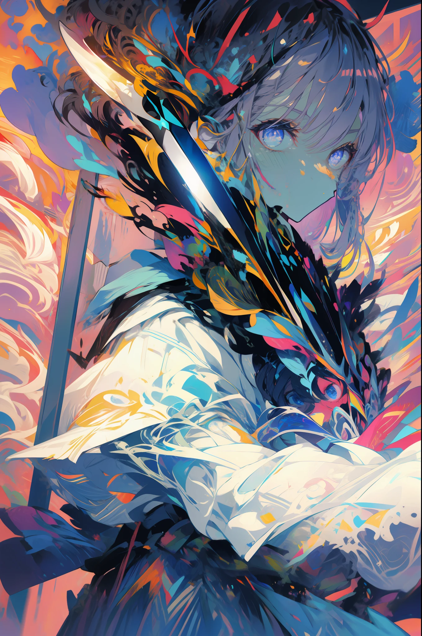 .There is a figure painting of a woman with hair,swordsmen,up-close,Armor ;swordsmen,Cyber