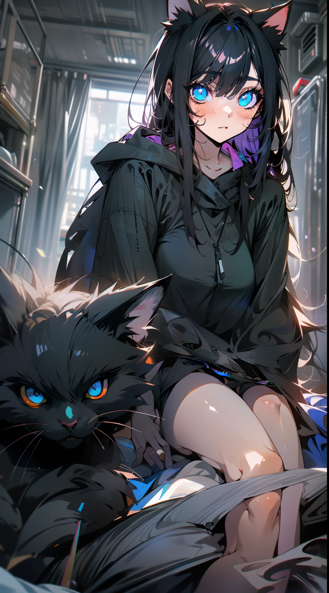 Long black messy hair,s girl,cat ear,Slender body,blue colored eyes,Loose black sweatshirt,black short skirt,Bare legged,sitting on his knees on the bed,inside in room