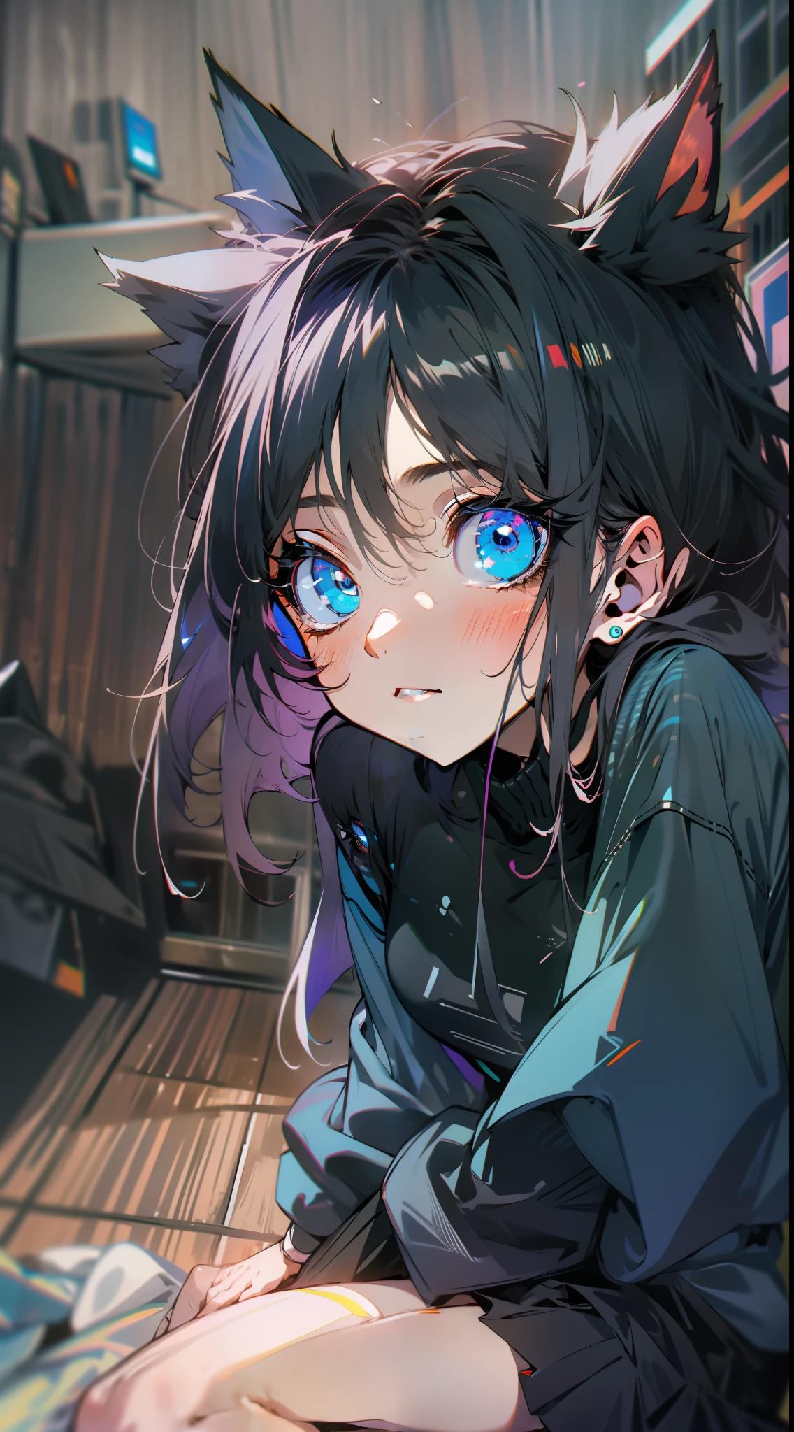 Long black messy hair,s girl,cat ear,Slender body,blue colored eyes,Loose black sweatshirt,black short skirt,Bare legged,sitting on his knees on the bed,inside in room
