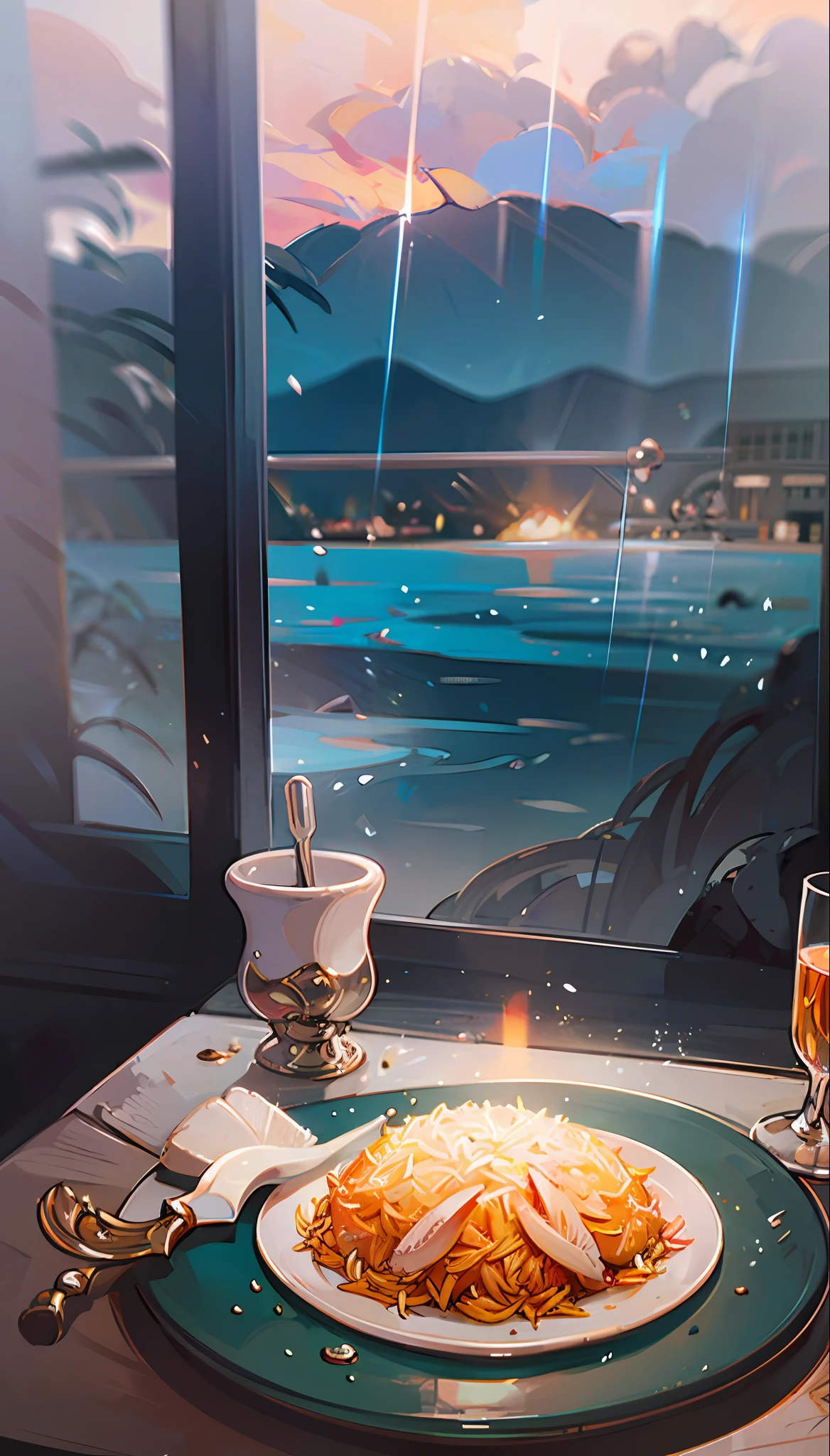 chicken biryani on a plate, on a table surrounded by mountains, slightly raining, ultra realistic --auto --s2