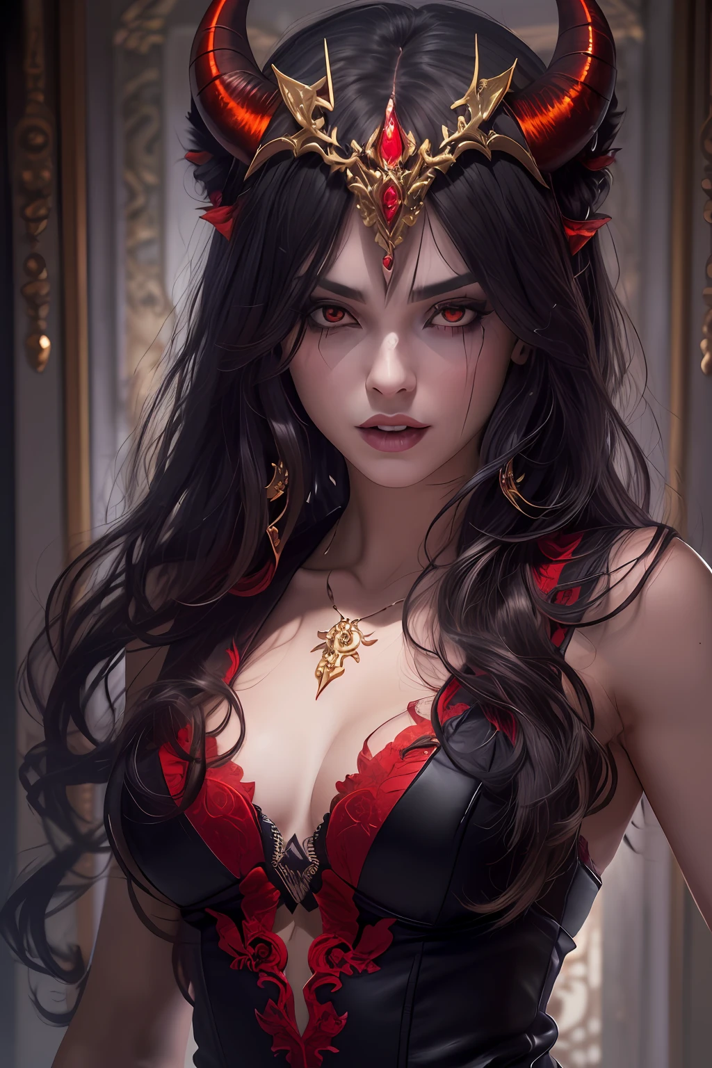 epic good looking succubus wearing a red and black dress, offering a gold and red diamond ring in hand (intense details, Masterpiece, best details: 1.6), ultra detailed face (intense details, Masterpiece, best details: 1.5),standing in the door entrance, holding a red and gold ring (intense details, Masterpiece, best details: 1.6), black hair, long hair, red eyes, glowing eyes, small horns, red high heels, dim light, high details, best quality, 8k, [ultra detailed], masterpiece, best quality, (extremely detailed), ultra wide shot, photorealistic, gothic art, sense of darkness, sense of seduction, fiery magic symbols (intense details, Masterpiece, best details: 1.6),in the background