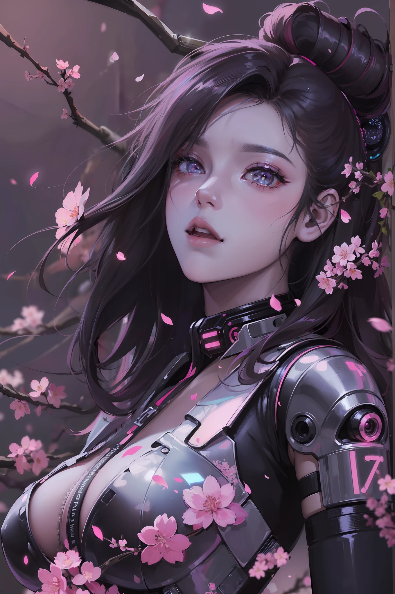 ((cyberpunk-style female torso)), ((artistic)), ((cherry blossom petals in the background)), ((revealing outfit)), colorful long hair, glitter, UHD, retina, masterpiece, accurate, ultra Detailed, High Detail, High Quality, Award Winning, Highest Quality, High Definition, 1080P, HD, 4K, 8k, 16k