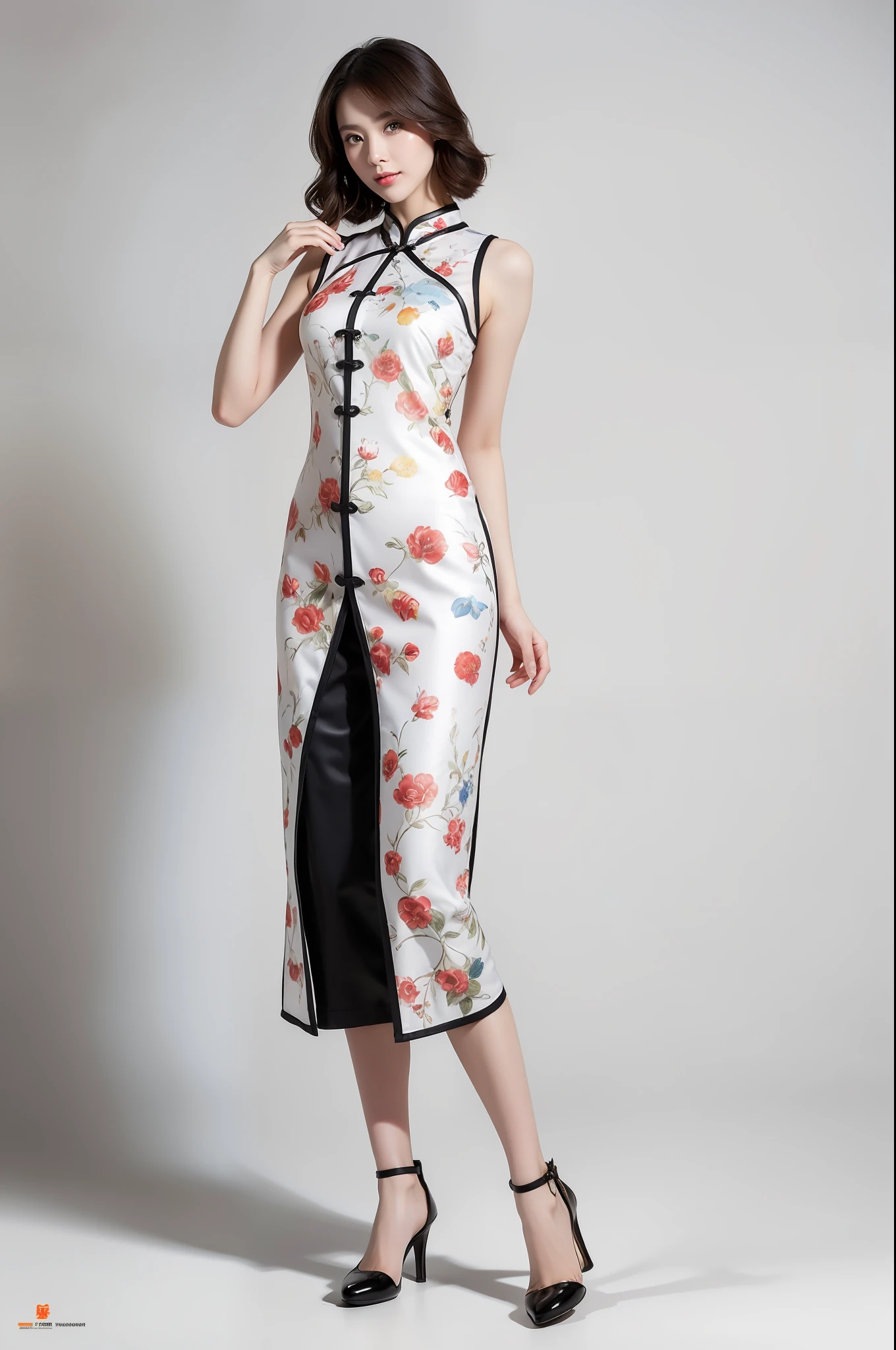 (White printed cheongsam),(full body shot shot:1.6),Tight cheongsam,Slim cheongsam,1个Giant Breast Girl,Stunning beauty,(Behind the arm:1.1),(realisticlying:1.7),((best qualtiy)),(超高分辨率),(realisticlying:1.6),realisticlying,rendering by octane,(Hyper-realistic:1.2),(photo-realistic face:1.2),(8K),(4K),(tmasterpiece),(realistic skin textures),(illustratio,cinmatic lighting,the wallpaper),(beautidful eyes:1.2),(s the perfect face))),(adolable),(standing on your feet),(brunette color hair),黑The eye,Redlip,(exteriors),