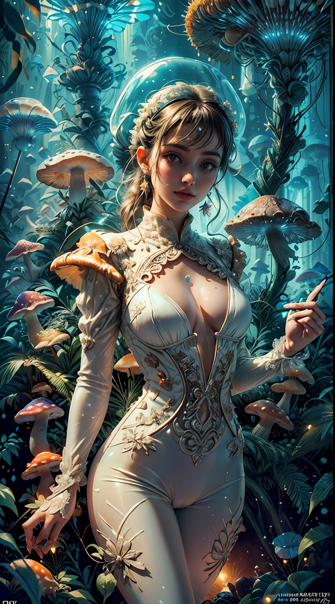 ((best quality)), ((masterpiece)), ((realistic)), (detailed), reflective luminous white:1.5, texture glossy orange:1.3, 1beautiful young woman with sticky jumpsuit (cameltoe), sexy, top to bottom photo, lots of glow neon mushrooms, mandalas, cinematic, sharp, ray tracing, brightness, luminosity