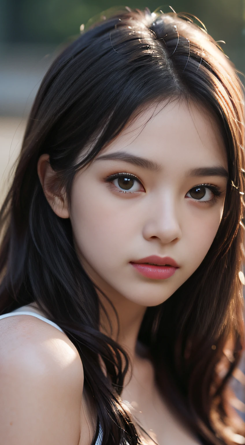 film portrait photography, 1girl, bare shoulders, wavy shoulder-length hair, serene, calm, (realistic detailed eyes, natural skin texture, realistic face details), soft dramatic lighting, depth of field, bokeh, vibrant details, finely detailed, hyperrealistic, 35mm film, hazy blur