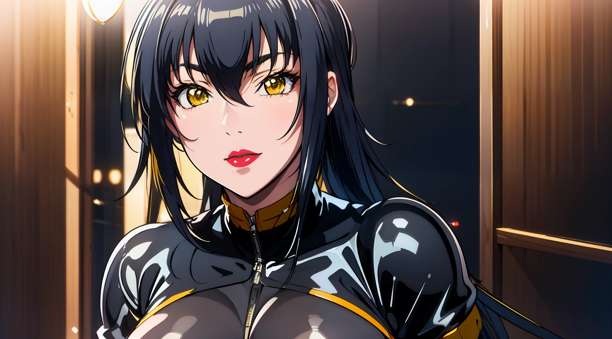 professional artwork, Intricate Details, field of view, sharp focus, detailed painting, photorealistic lighting, trending on pixiv, Standing at attention, black outfit ,yellow collared shirt,black and red bodysuit,skin_tight,black legwear, black pantyhose, Side_boob, black hair,very long hair, Bangs,yellow eyes,makeup, lipstick, 20yo,mature female,Beautiful Finger,Beautiful long legs,Beautiful body,Beautiful Nose,Beautiful character design, perfect eyes, perfect face, looking at viewer, NSFW,official art,extremely detailed CG unity 8k wallpaper, perfect lighting,Colorful, Bright_Front_face_Lighting, (masterpiece:1.0),(best_quality:1.0), ultra high res,4K,ultra-detailed, photography, 8K, HDR, highres, absurdres:1.2, Kodak portra 400, film grain, blurry background, bokeh:1.2, lens flare, (vibrant_color:1.2) (Beautiful,large_Breasts:1.4), (beautiful_face:1.5),(narrow_waist), (solo:1.4), ((landscape dimension)), annerose, classroom