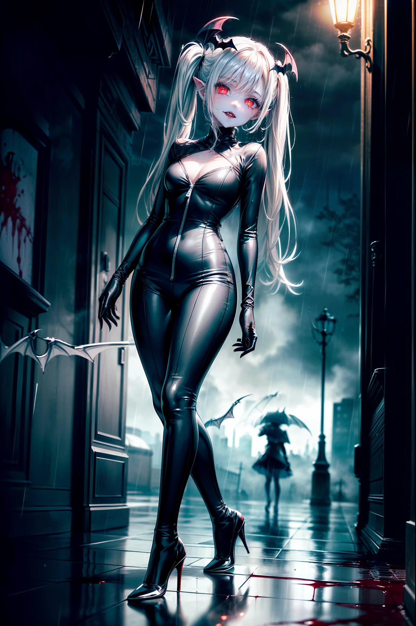 ((masterpiece, best quality, extremely detailed CG, unity 8k wallpaper,anatomically correct,ultra resolution)),Award-winning photography,(best illumination,Very Delicate and Beautiful),(one girl,solo,li:1.5),(Vampire:1.45),silver hair,(twintails:1.2),glowing red eyes,(pale skin:1.45),(extremely beautiful and detailed face:1.2), (extremely beautiful and detailed eyes:1.2),perfect hands,delicate legs,((bat hair ornament)),(graceful,fashion),pointy ears,((full body catsuit with zipper:1.4,black high heels,black leather gloves)),looking at viewer,hand to own mouth,head tilt,morbid smile,dark persona,evil,(cute:1.5),((night, dark atmosphere, dark theme, darkness:1.5)),dramatic shadows,(dimly lit:1.5),blood on face,blood on floor, blood on walls,(blood mist,blood splash:1.4),depth of field,(Bustling city:1.2,in the rain:1.3),cloudy sky,raining,skyline,(perfect human body structure with maximum precision)