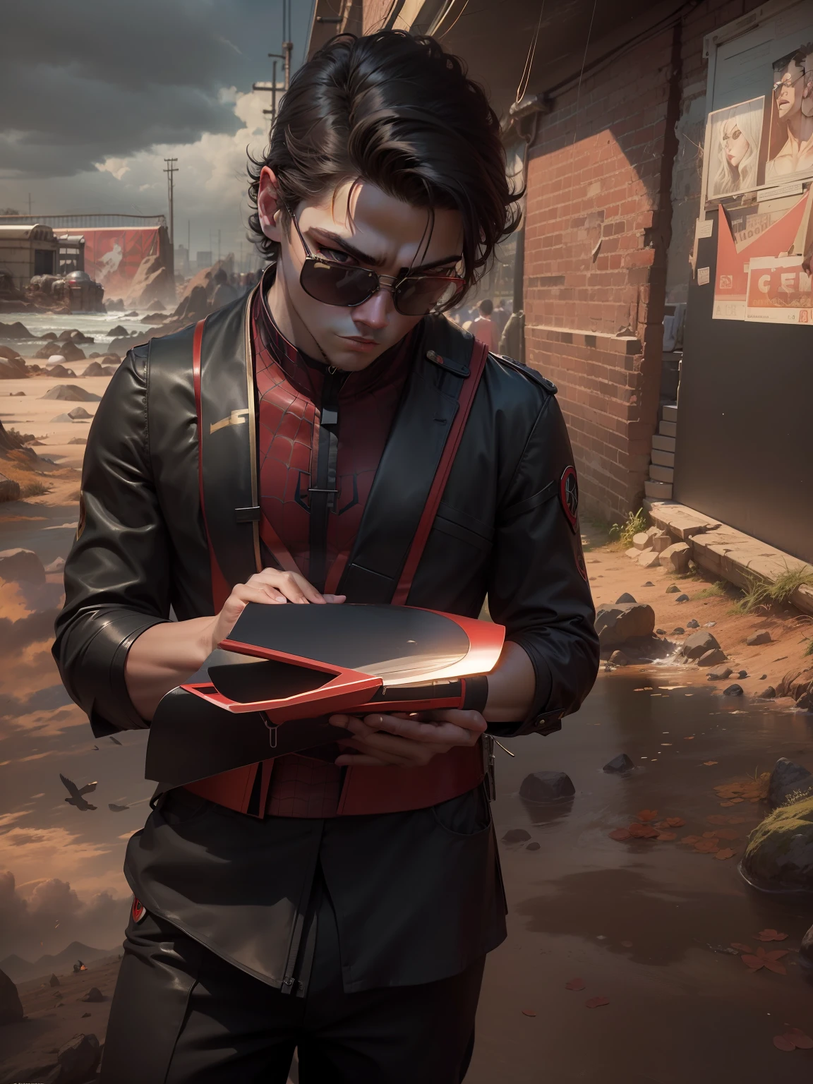 1.young: start by drawing the outline of the young man's body, artistic and realistic with a black costume with the red bands and insignia of being the magic glasses and create the design of the magic glasses that the young man can wear ,this glasses give the young man super strength, super speed and an intelligence to talk to animals,  the young man has hair resembling the Robin of the Tin Titan, positioning him standing in front of Spider-man and Iron Man. --auto --s2