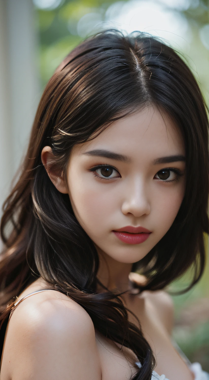 film portrait photography, 1girl, bare shoulders, wavy shoulder-length hair, serene, calm, (realistic detailed eyes, natural skin texture, realistic face details), soft dramatic lighting, depth of field, bokeh, vibrant details, finely detailed, hyperrealistic, 35mm film, hazy blur